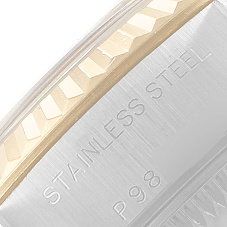 The image shows a close-up of the stainless steel side of a Rolex Datejust 79173 Women's Steel and Gold (two tone) Black Dial 79173 Women's Steel and Gold (two tone) Black Dial watch.