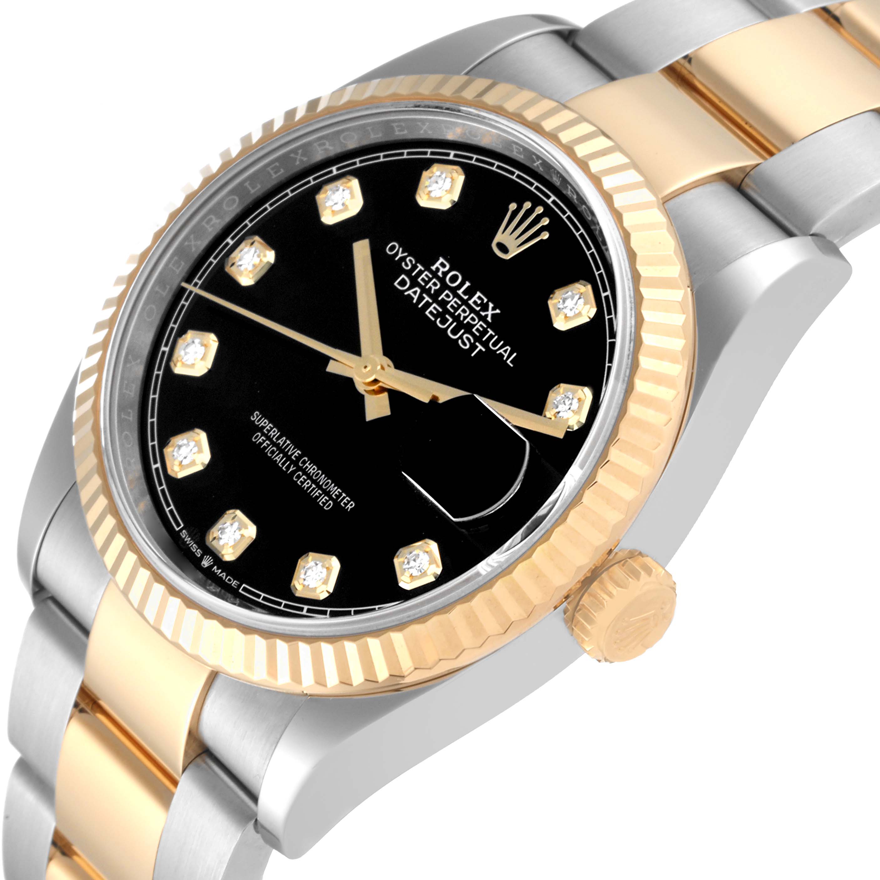 The Rolex Datejust 126233 Men's Steel and Gold (two tone) Black Dial 126233 Men's Steel and Gold (two tone) Black Dial watch is shown from an angled close-up, highlighting the dial, crown, bezel, and bracelet.