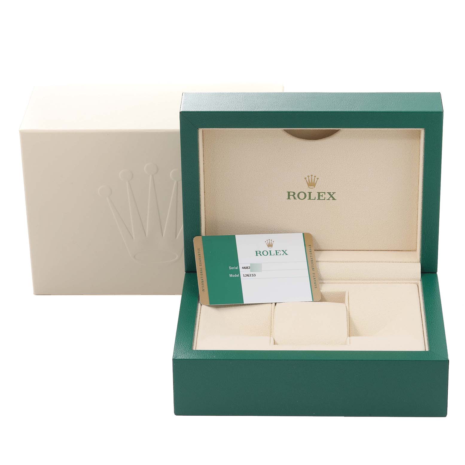 This image shows the open box and authenticity card for a Rolex Datejust 126233 Men's Steel and Gold (two tone) Black Dial 126233 Men's Steel and Gold (two tone) Black Dial model watch.