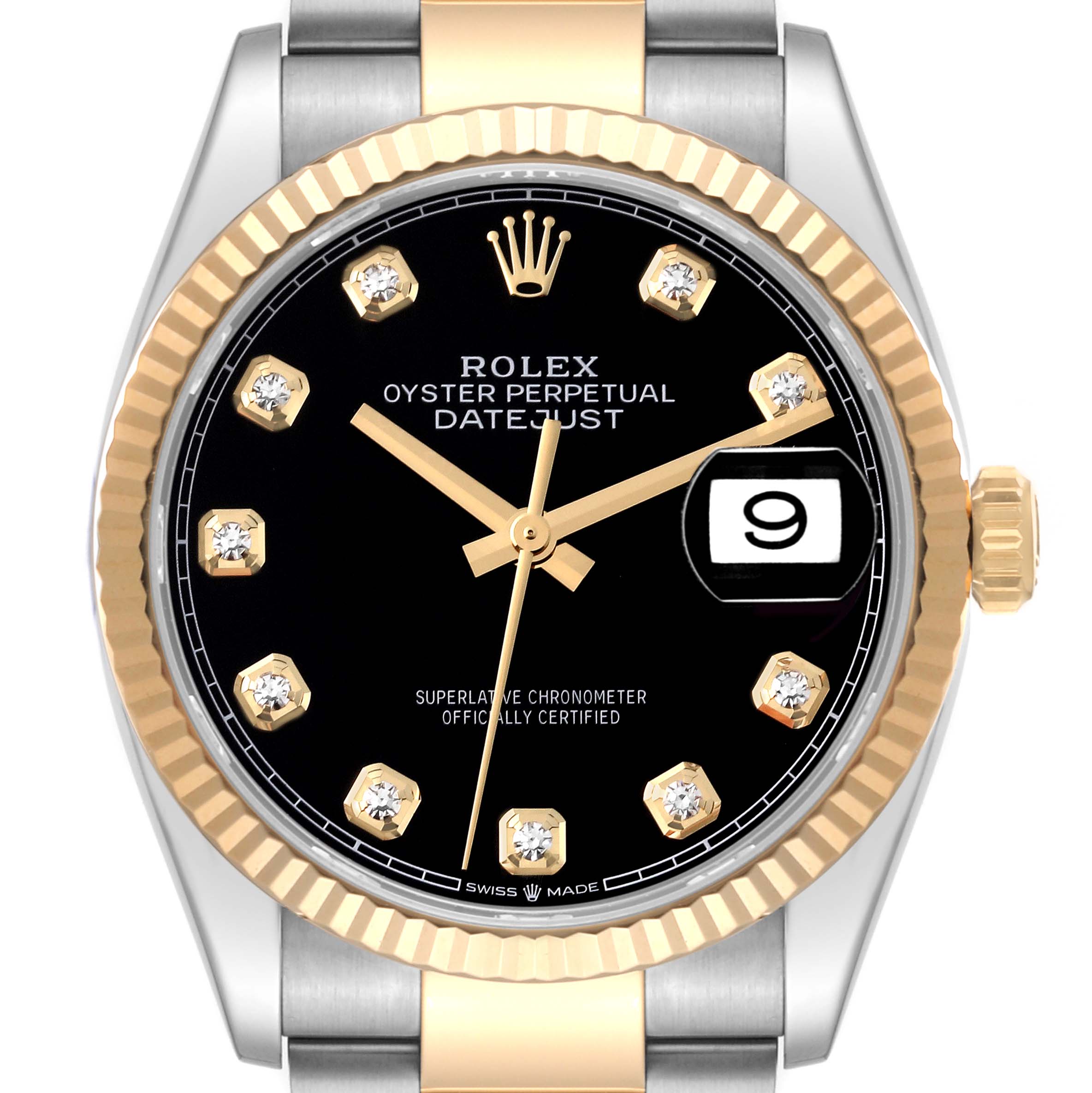 This image shows a front view of a Rolex Datejust 126233 Men's Steel and Gold (two tone) Black Dial 126233 Men's Steel and Gold (two tone) Black Dial watch, highlighting the dial, hands, bezel, and crown.