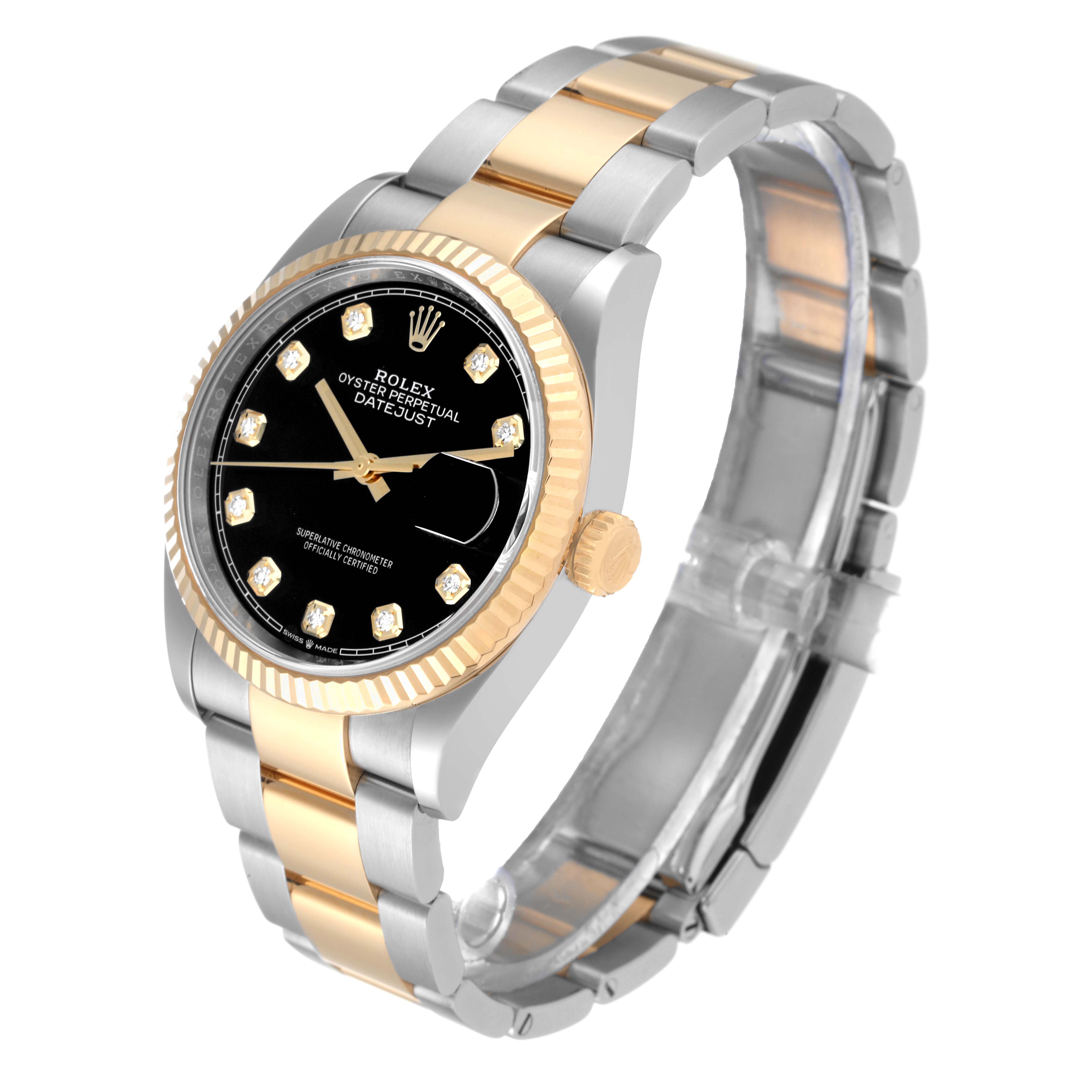 The Rolex Datejust 126233 Men's Steel and Gold (two tone) Black Dial 126233 Men's Steel and Gold (two tone) Black Dial watch is shown at a front-side angle, highlighting the dial, bezel, and bracelet.