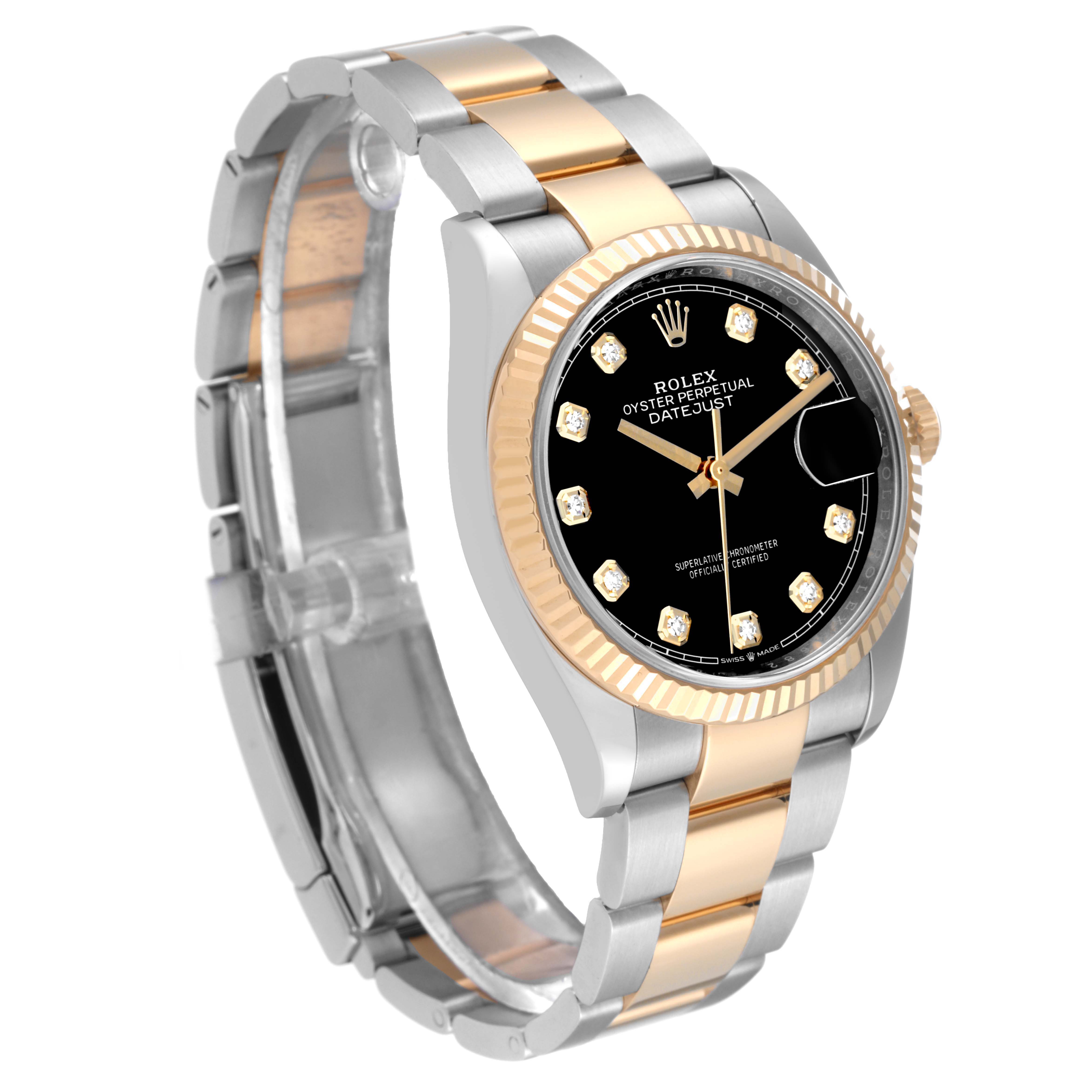 The image shows a Rolex Datejust 126233 Men's Steel and Gold (two tone) Black Dial 126233 Men's Steel and Gold (two tone) Black Dial watch at a three-quarter angle, highlighting the dial, bezel, and bracelet.