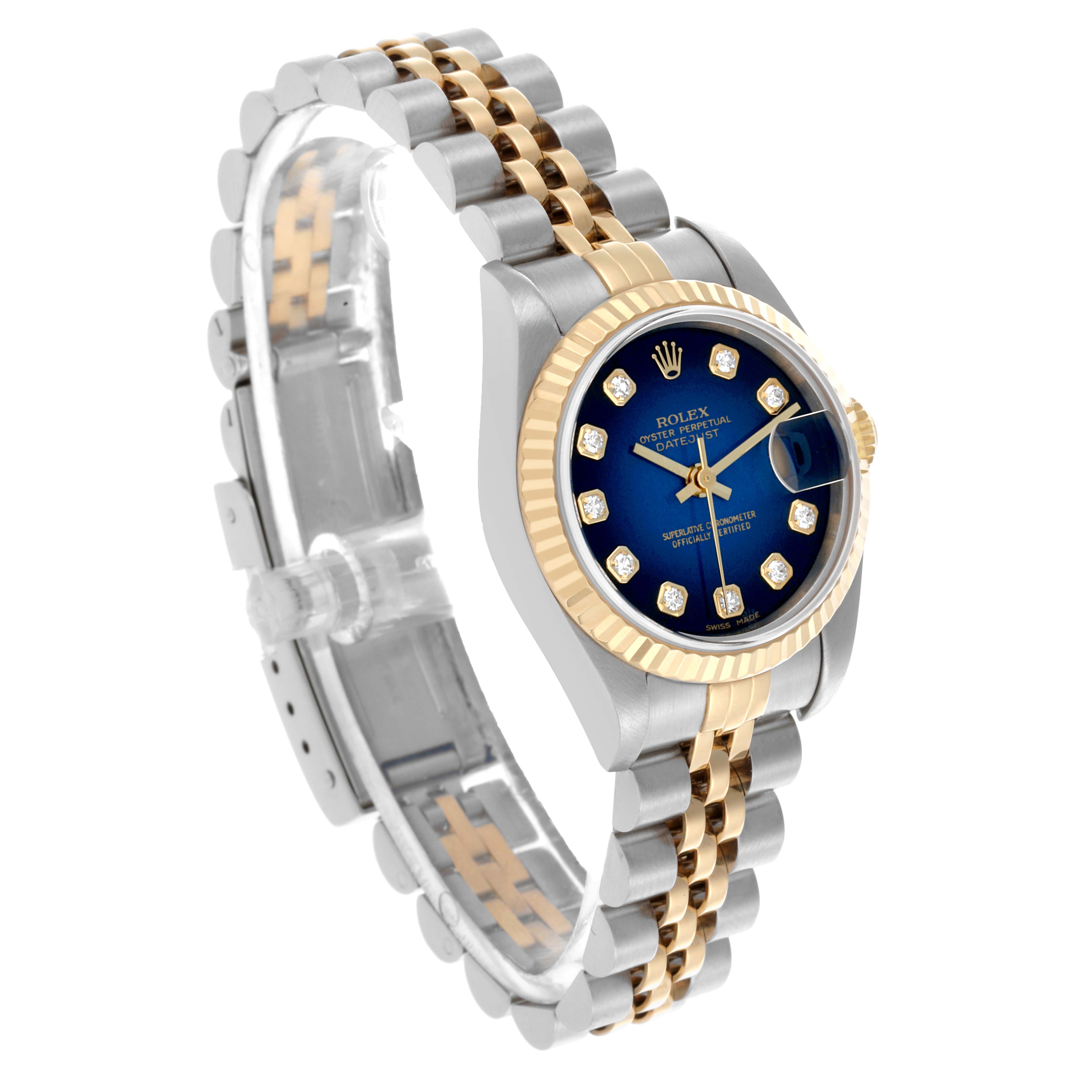 The Rolex Datejust 79173 Women's Steel and Gold (two tone) Blue Dial 79173 Women's Steel and Gold (two tone) Blue Dial watch is shown at a three-quarter angle, highlighting the bezel, dial, and Jubilee bracelet.
