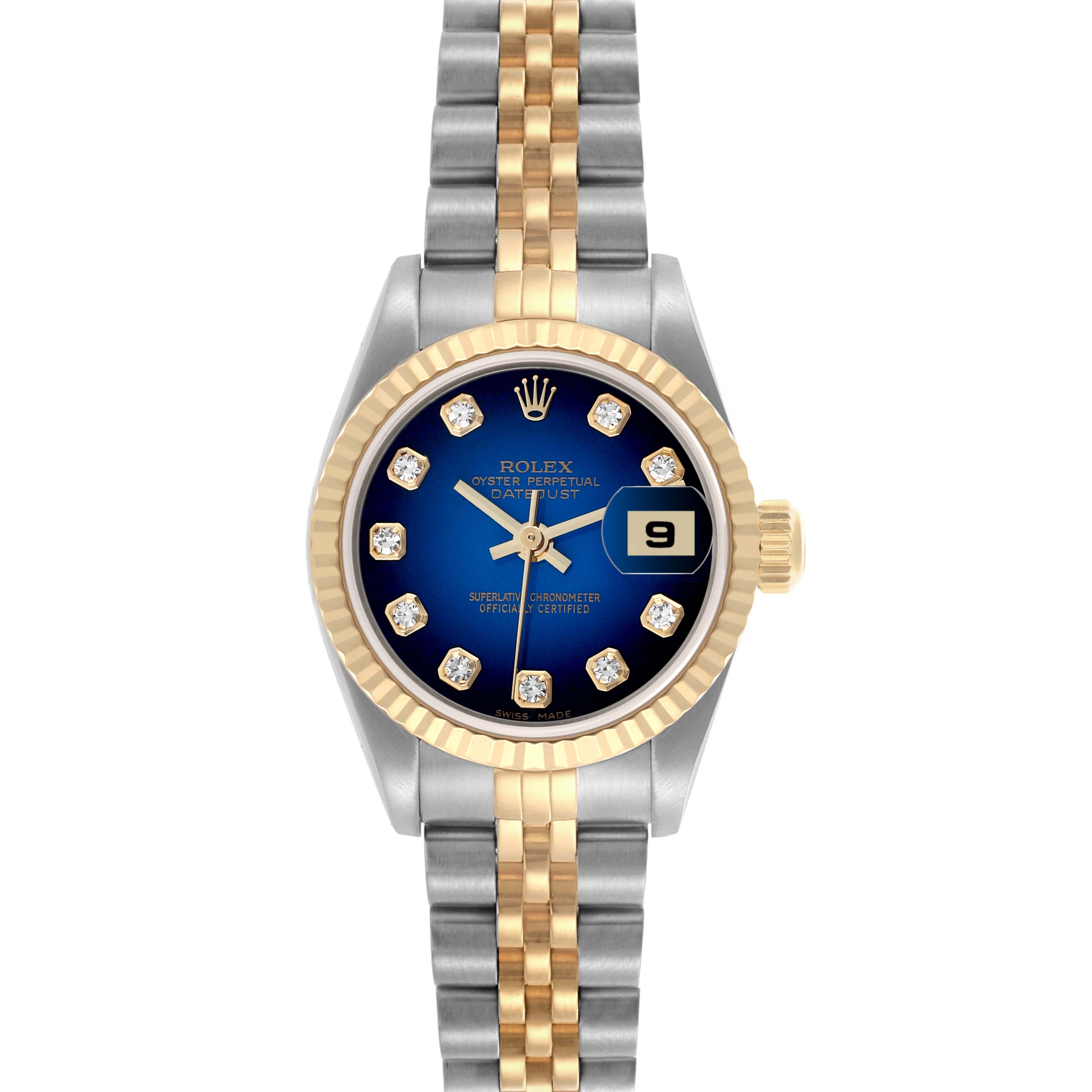 The Rolex Datejust 79173 Women's Steel and Gold (two tone) Blue Dial 79173 Women's Steel and Gold (two tone) Blue Dial watch is shown from a front angle, displaying its dial, case, bezel, and bracelet.