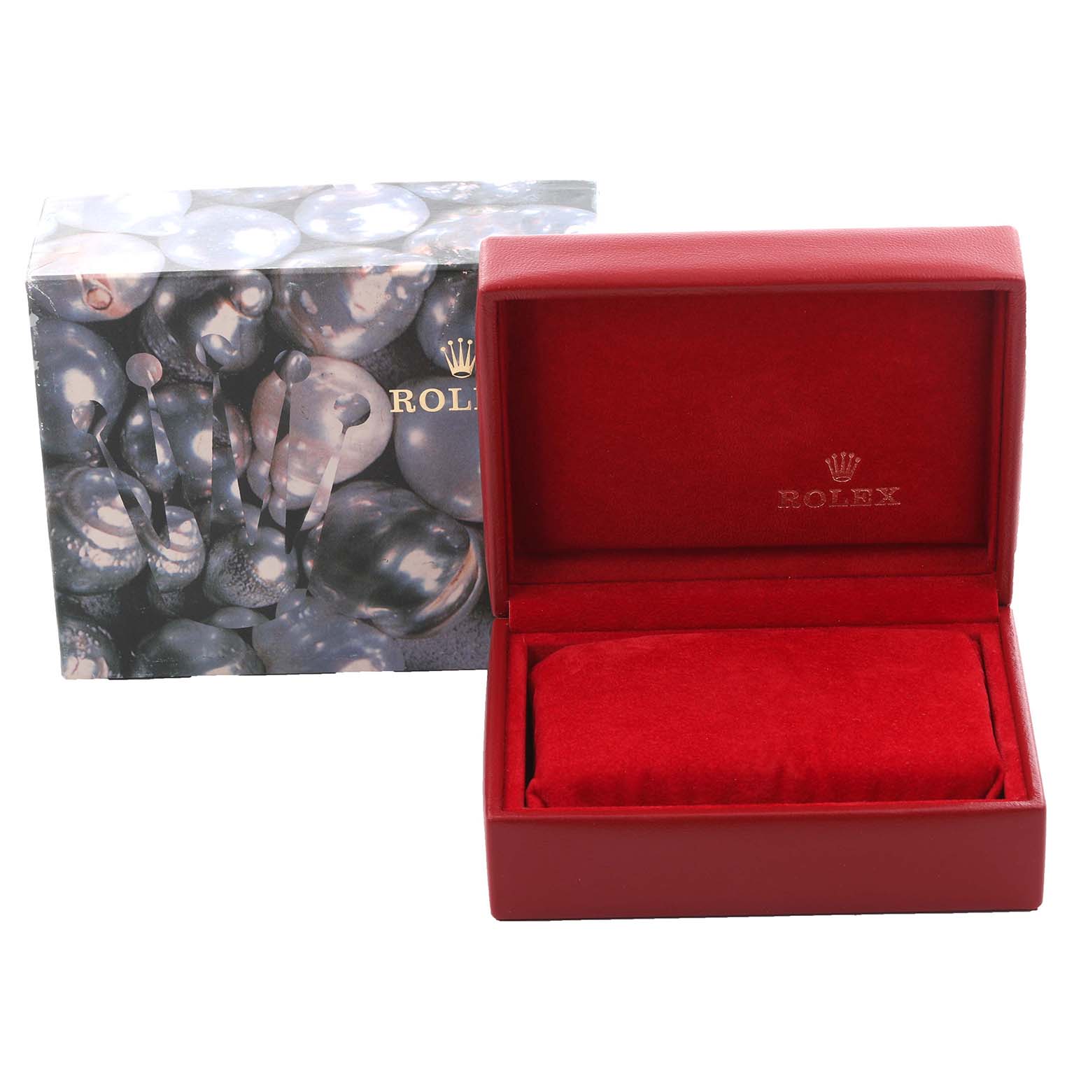 The image shows a Rolex Datejust 79173 Women's Steel and Gold (two tone) Blue Dial 79173 Women's Steel and Gold (two tone) Blue Dial watch box set with an open red interior and a decorated outer box.