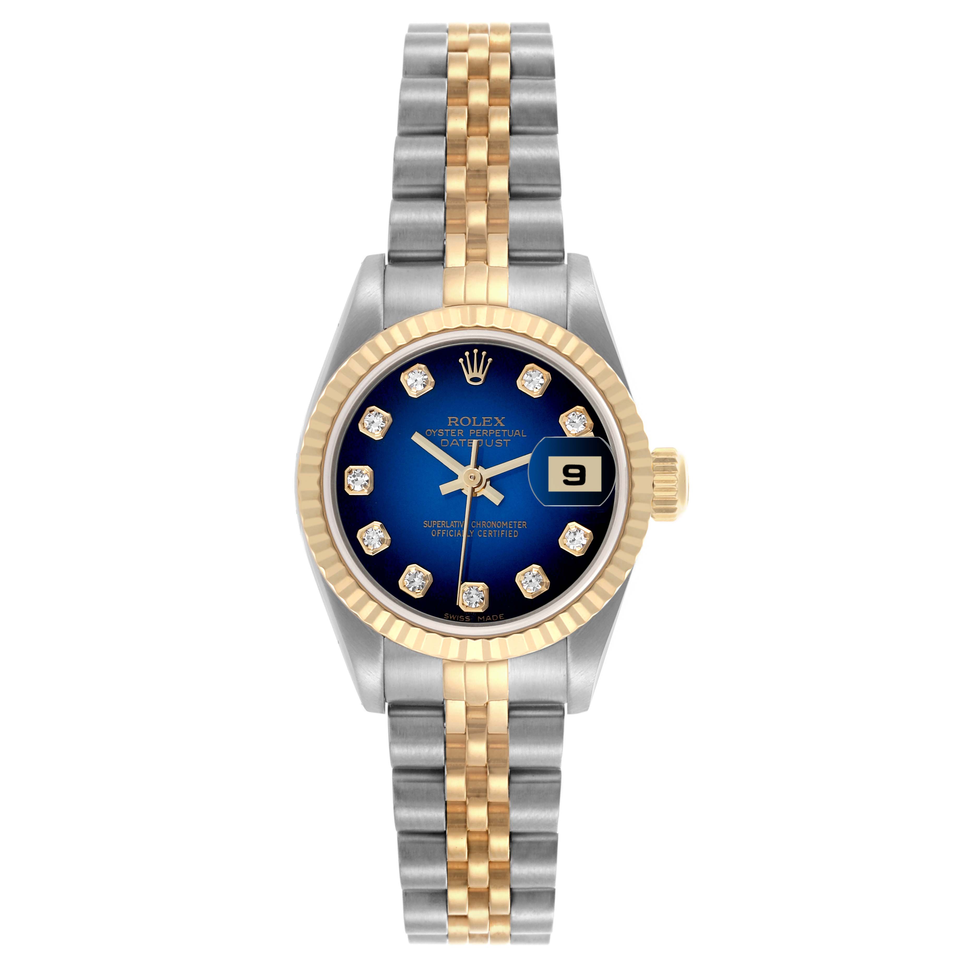 The Rolex Datejust 79173 Women's Steel and Gold (two tone) Blue Dial 79173 Women's Steel and Gold (two tone) Blue Dial watch is shown from a front view, highlighting its blue dial, gold bezel, and two-tone bracelet.