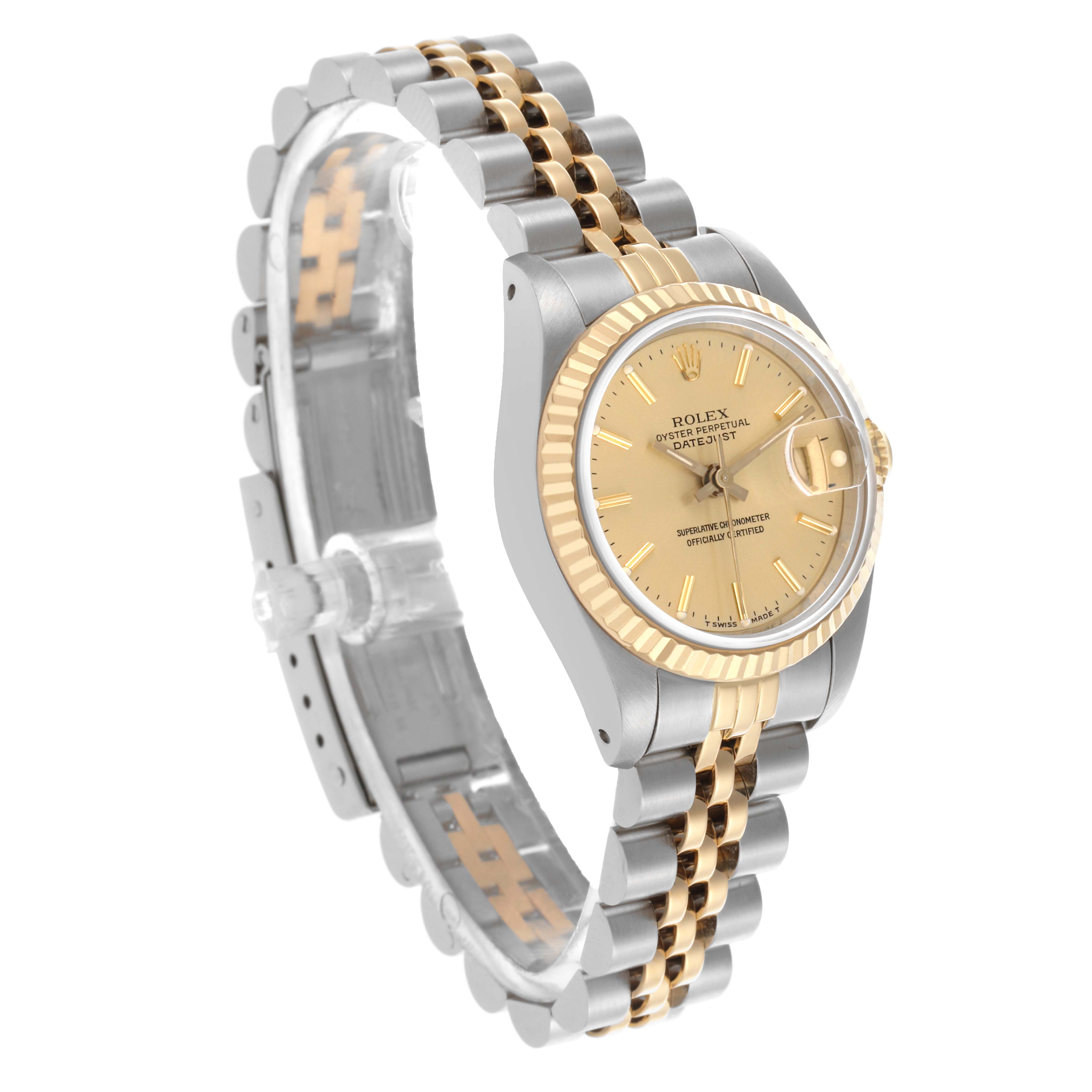 The Rolex Datejust 69173 Women's Steel and Gold (two tone) Champagne Dial 69173 Women's Steel and Gold (two tone) Champagne Dial watch is shown in a three-quarter angle, displaying the dial, bezel, and jubilee bracelet.