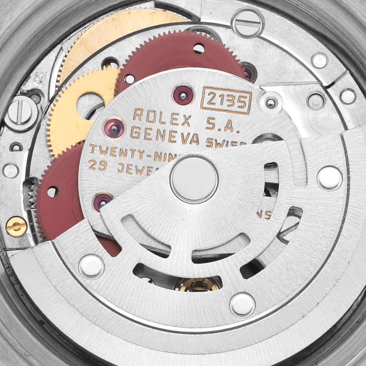 The image shows the inner movement mechanism of a Rolex Datejust 69173 Women's Steel and Gold (two tone) Champagne Dial 69173 Women's Steel and Gold (two tone) Champagne Dial watch, highlighting gears and the rotor.