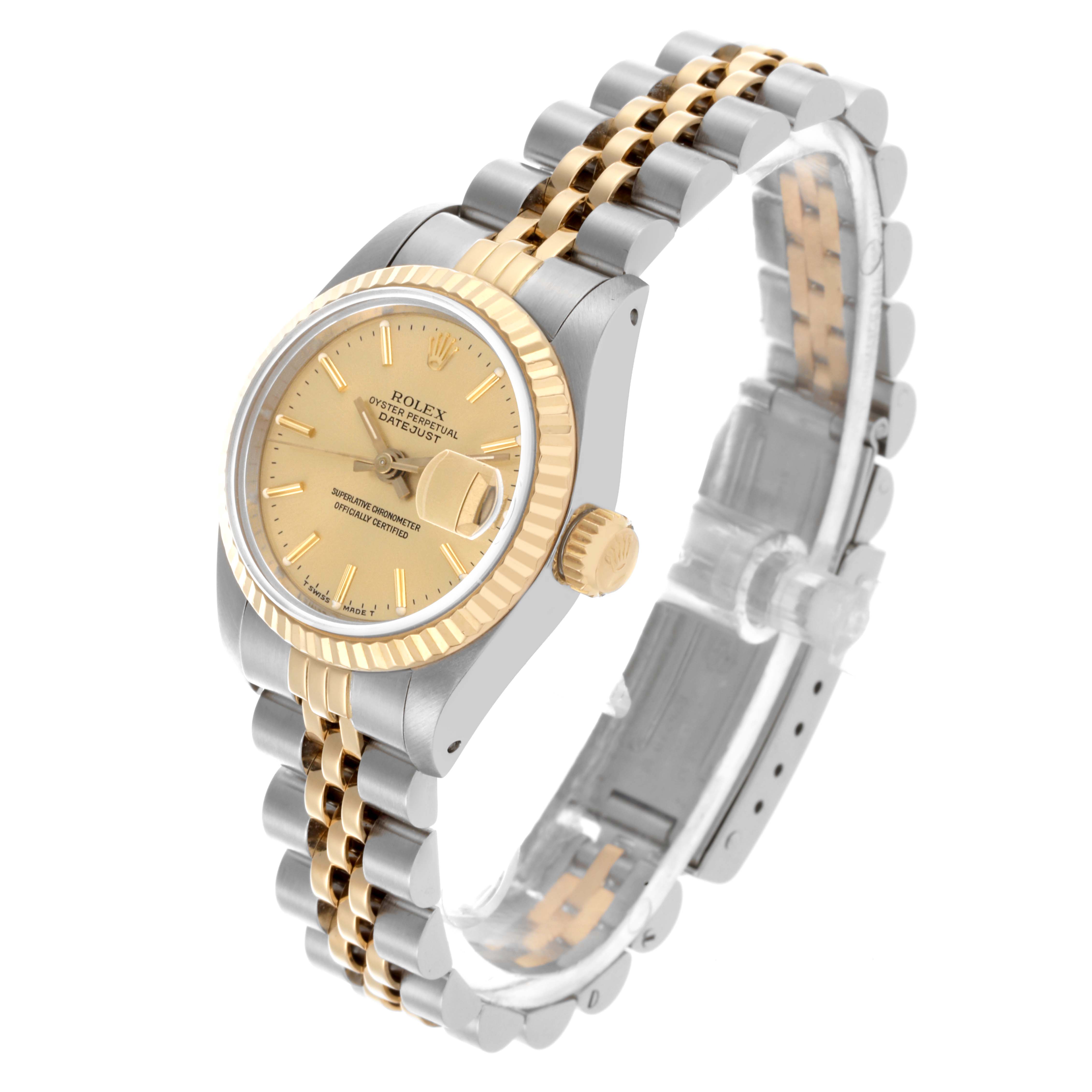 The Rolex Datejust 69173 Women's Steel and Gold (two tone) Champagne Dial 69173 Women's Steel and Gold (two tone) Champagne Dial watch is shown at a three-quarter angle, displaying the face, crown, bezel, and two-tone bracelet.