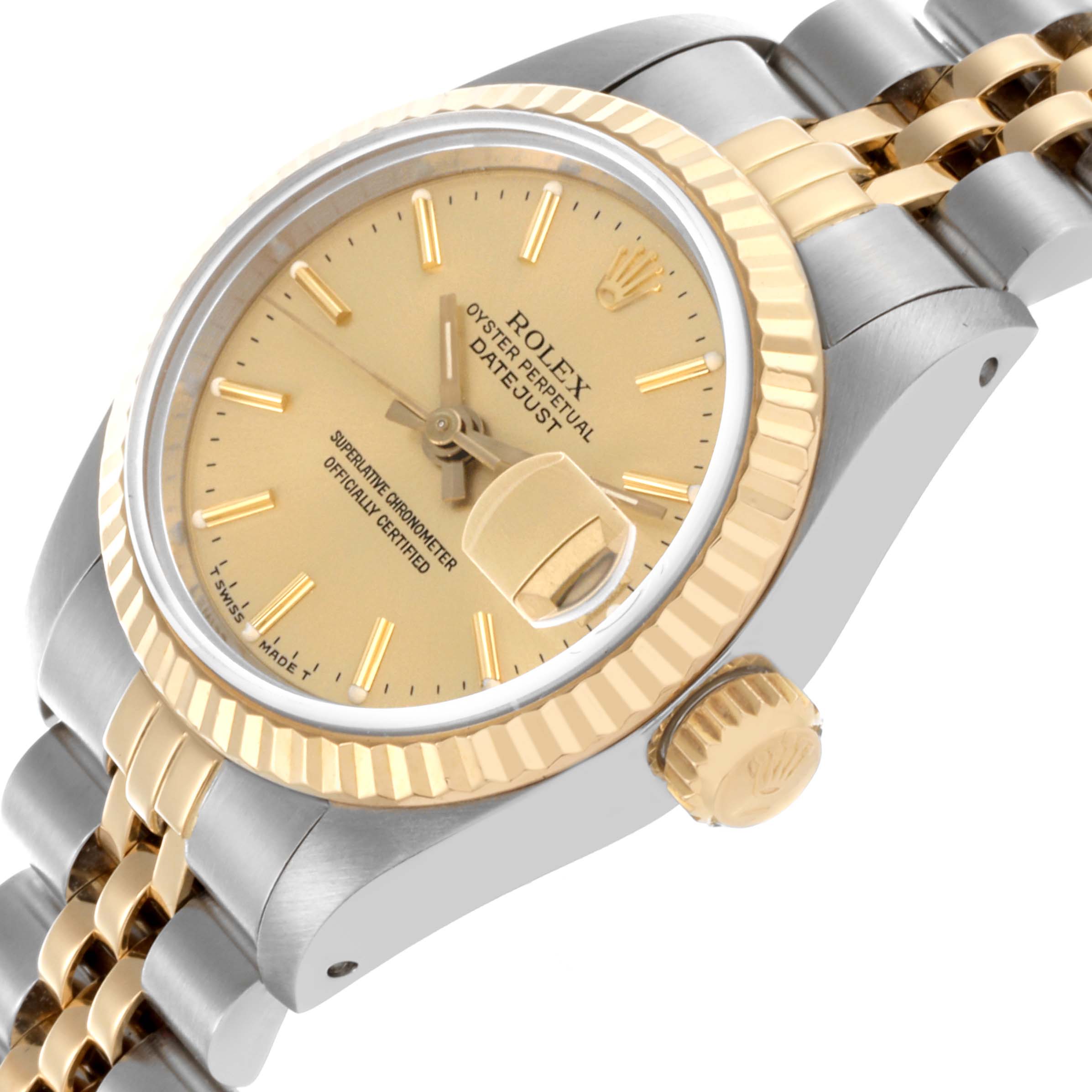 The Rolex Datejust 69173 Women's Steel and Gold (two tone) Champagne Dial 69173 Women's Steel and Gold (two tone) Champagne Dial watch is shown at a diagonal angle, displaying the bezel, dial, crown, and bracelet.