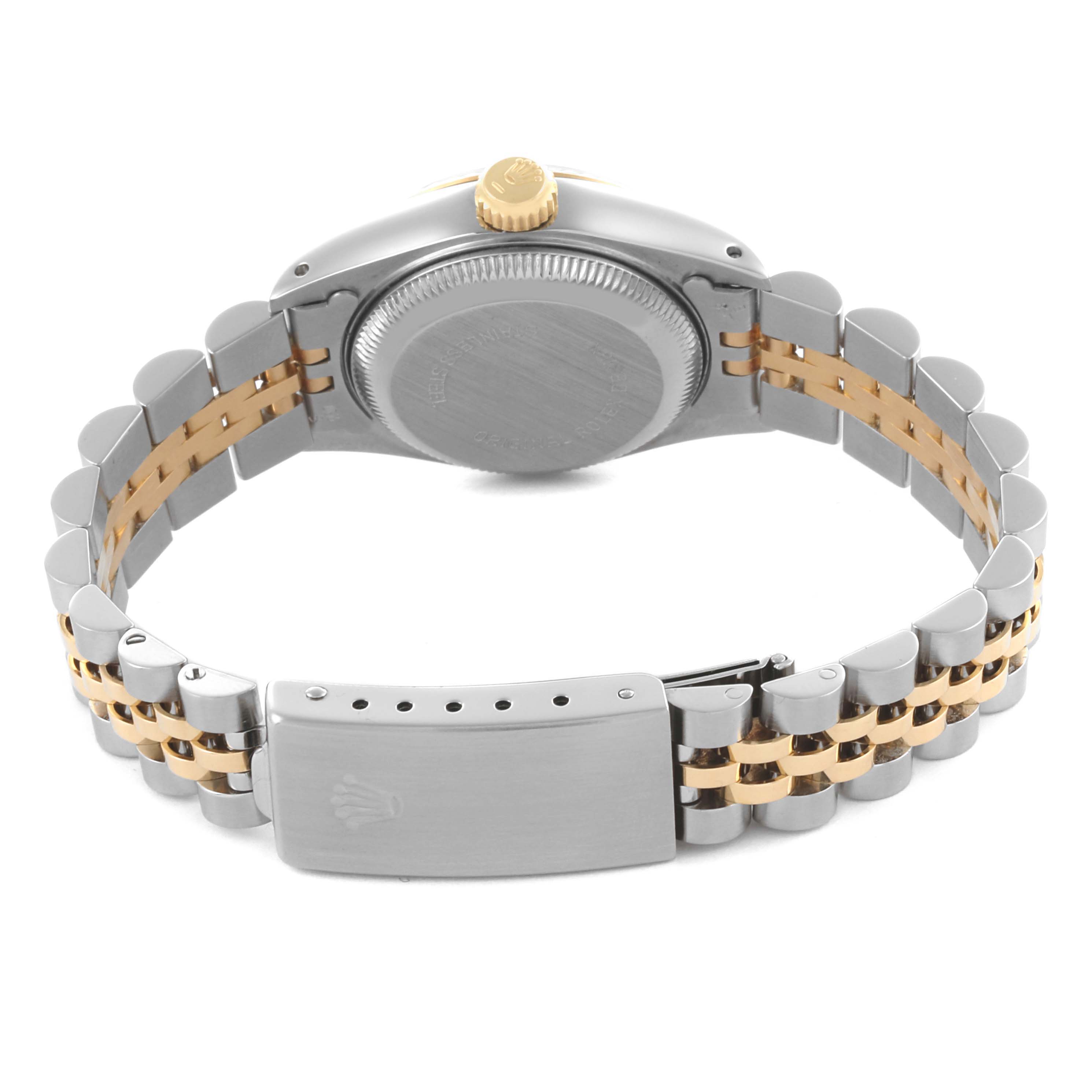 The Rolex Datejust 69173 Women's Steel and Gold (two tone) Champagne Dial 69173 Women's Steel and Gold (two tone) Champagne Dial watch is shown from the back, highlighting the case, crown, and two-tone jubilee bracelet clasp.