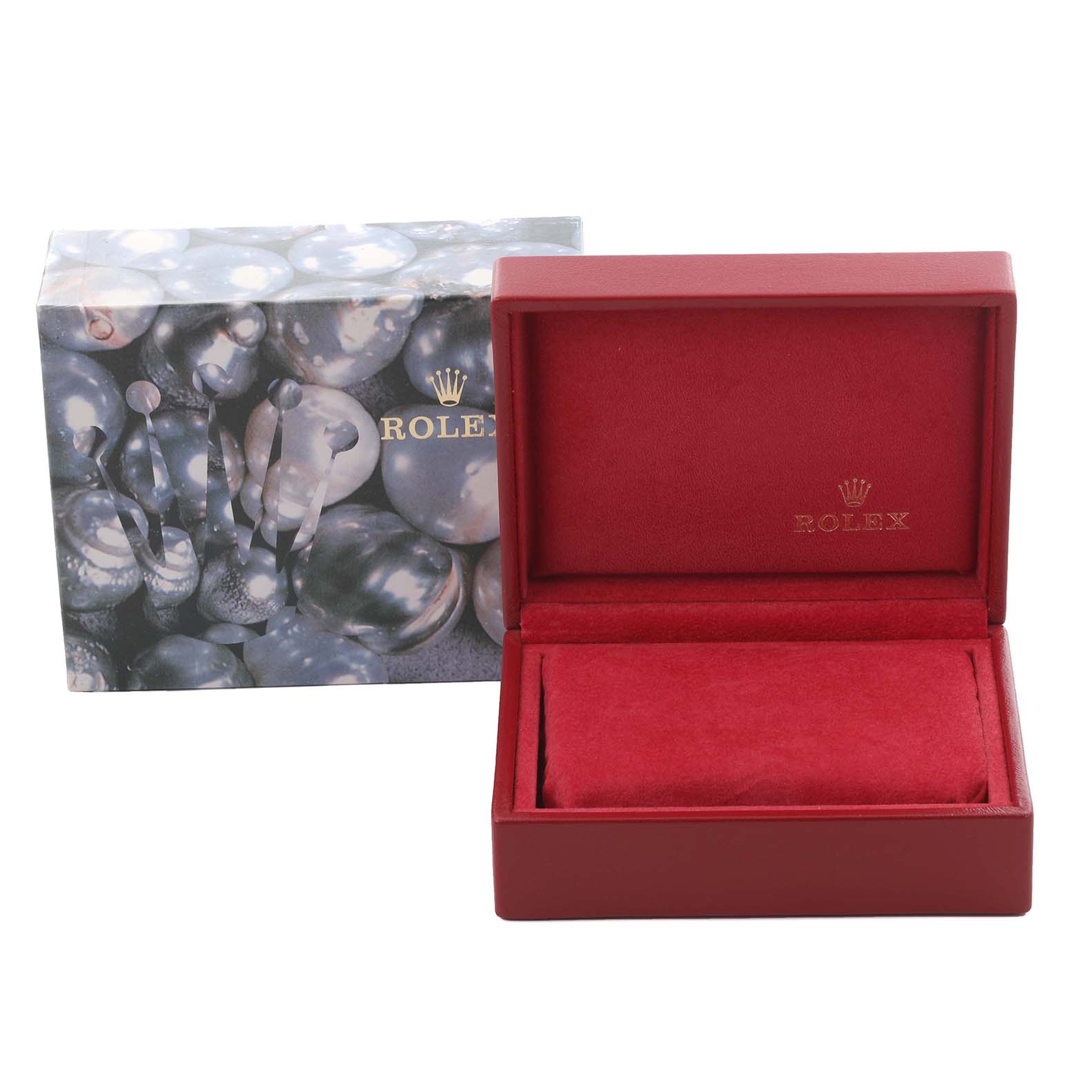 The image shows a Rolex Datejust 69173 Women's Steel and Gold (two tone) Champagne Dial 69173 Women's Steel and Gold (two tone) Champagne Dial watch box and outer packaging with a pearl design, viewed from the front.