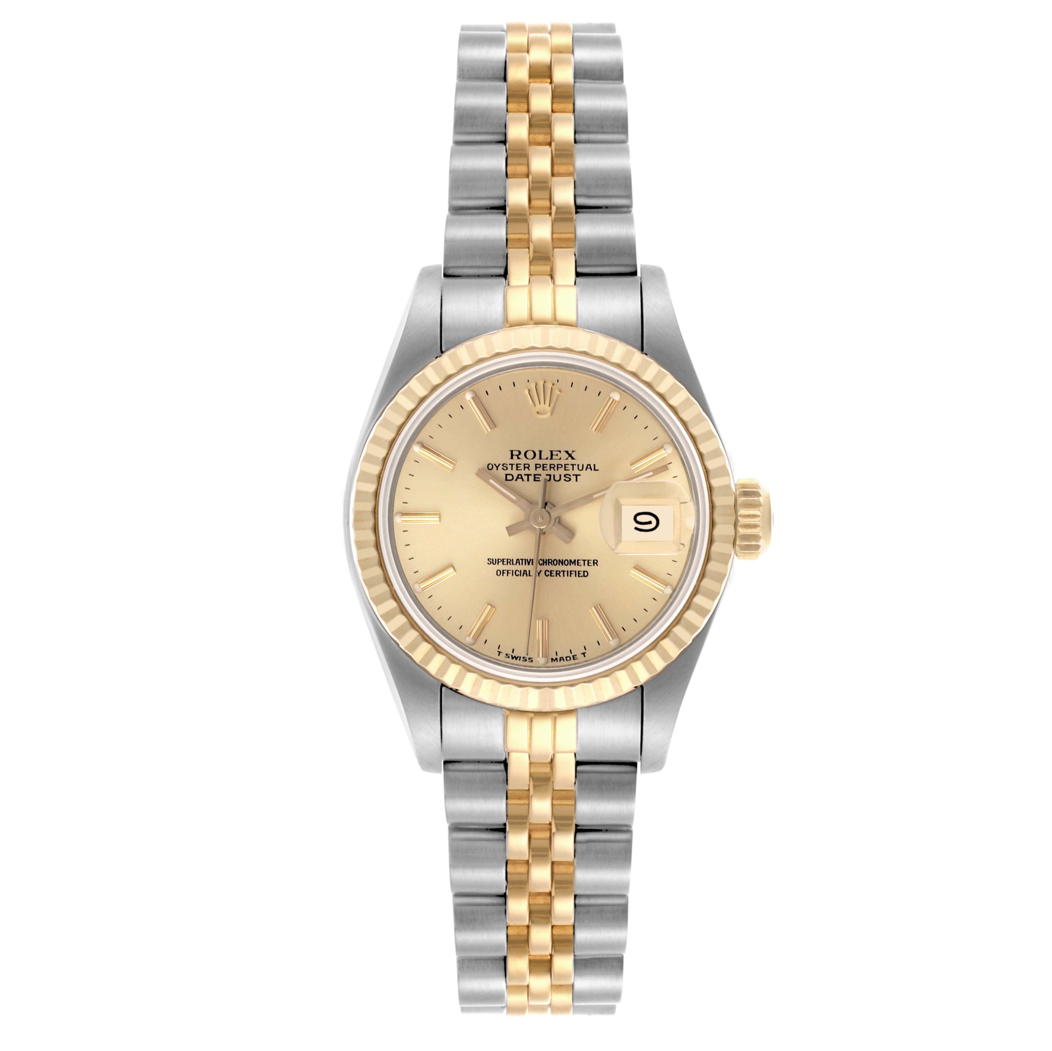 The Rolex Datejust 69173 Women's Steel and Gold (two tone) Champagne Dial 69173 Women's Steel and Gold (two tone) Champagne Dial watch is shown from a top-down angle, displaying the dial, bezel, and bracelet.