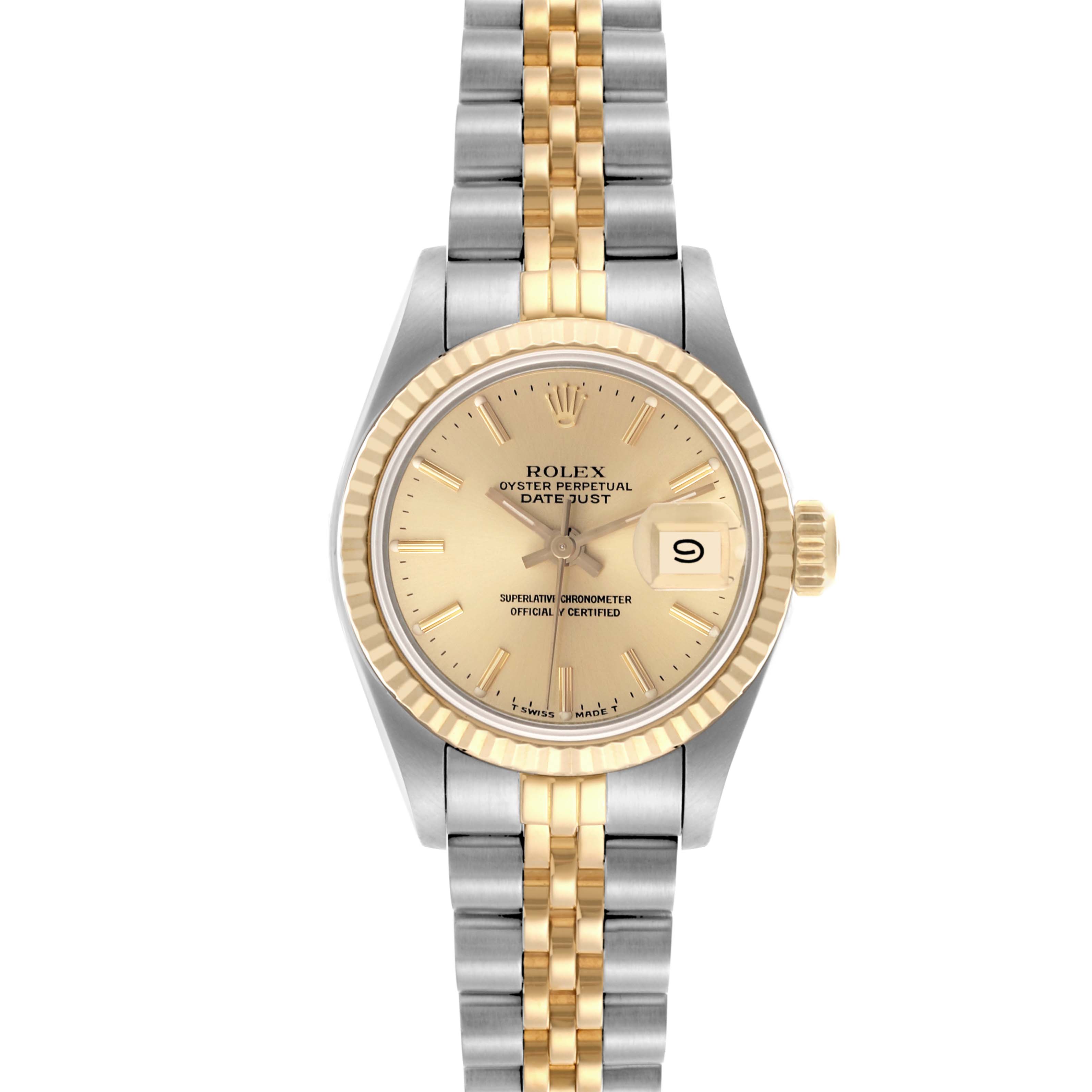 The Rolex Datejust 69173 Women's Steel and Gold (two tone) Champagne Dial 69173 Women's Steel and Gold (two tone) Champagne Dial watch is shown from a front angle, highlighting the face, bezel, crown, and two-tone bracelet.