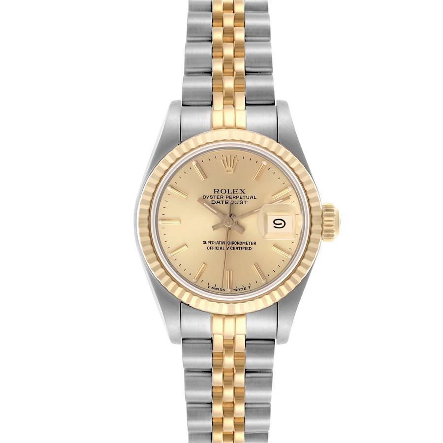 The Rolex Datejust watch is shown from a front angle, highlighting the face, bezel, crown, and two-tone bracelet.