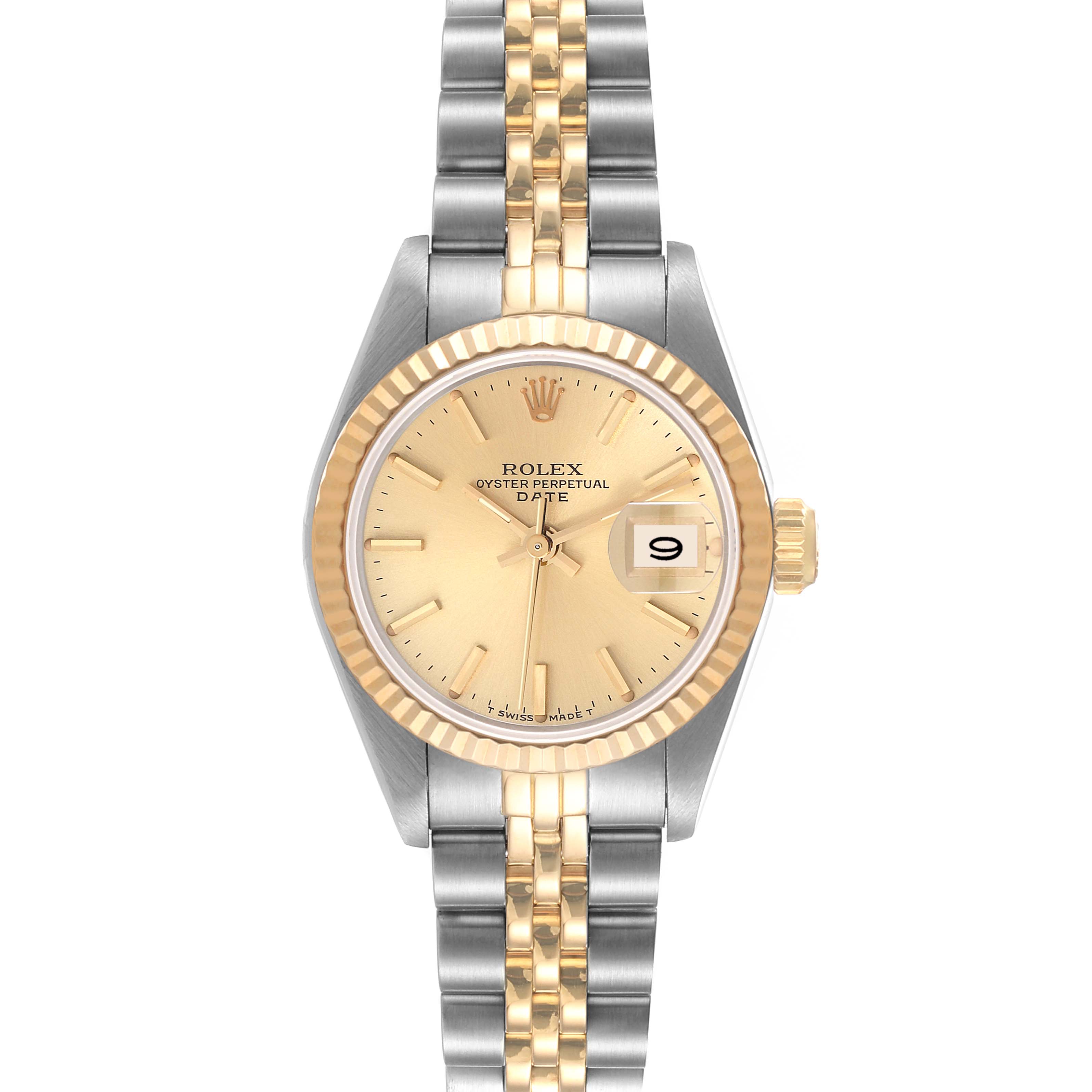 This image shows a front view of the Rolex Datejust 69173 Women's Steel and Gold (two tone) Champagne Dial 69173 Women's Steel and Gold (two tone) Champagne Dial watch, highlighting its dial, bezel, and two-tone bracelet.
