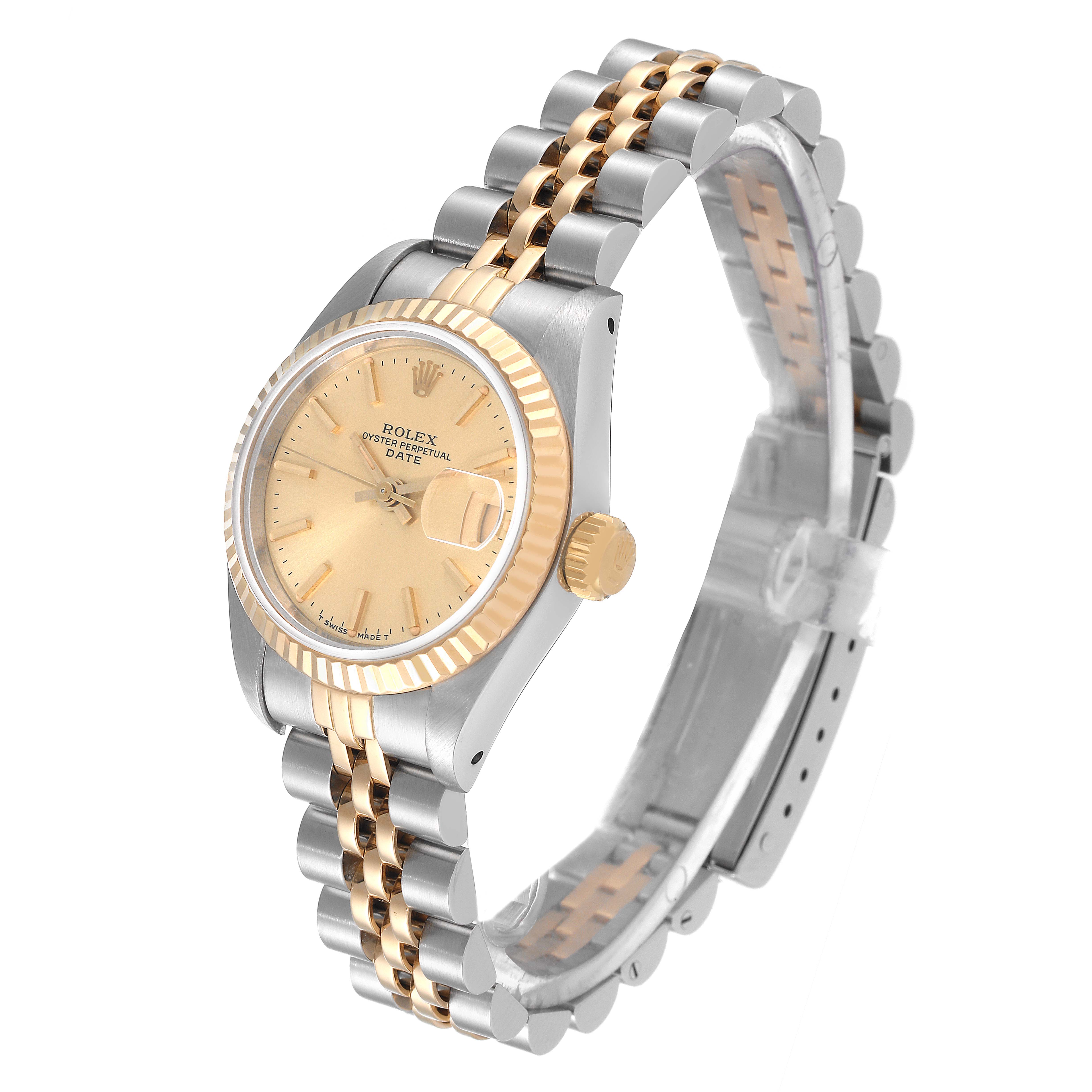 The Rolex Datejust 69173 Women's Steel and Gold (two tone) Champagne Dial 69173 Women's Steel and Gold (two tone) Champagne Dial watch is depicted at a three-quarter angle showing the face, bezel, crown, and two-tone bracelet.