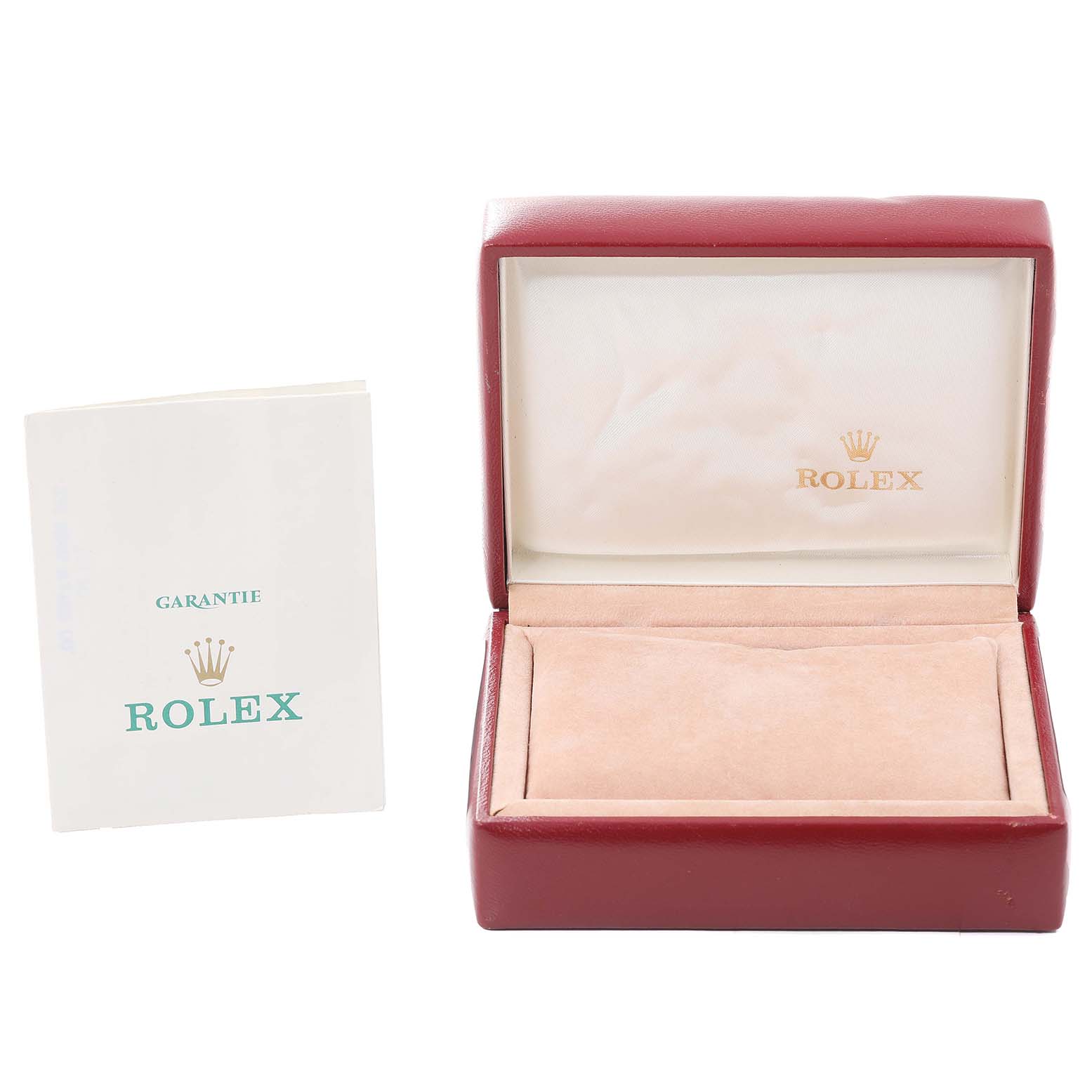 The image shows a red Rolex Datejust 69173 Women's Steel and Gold (two tone) Champagne Dial 69173 Women's Steel and Gold (two tone) Champagne Dial watch box with a Rolex guarantee booklet beside it, viewed from the front.