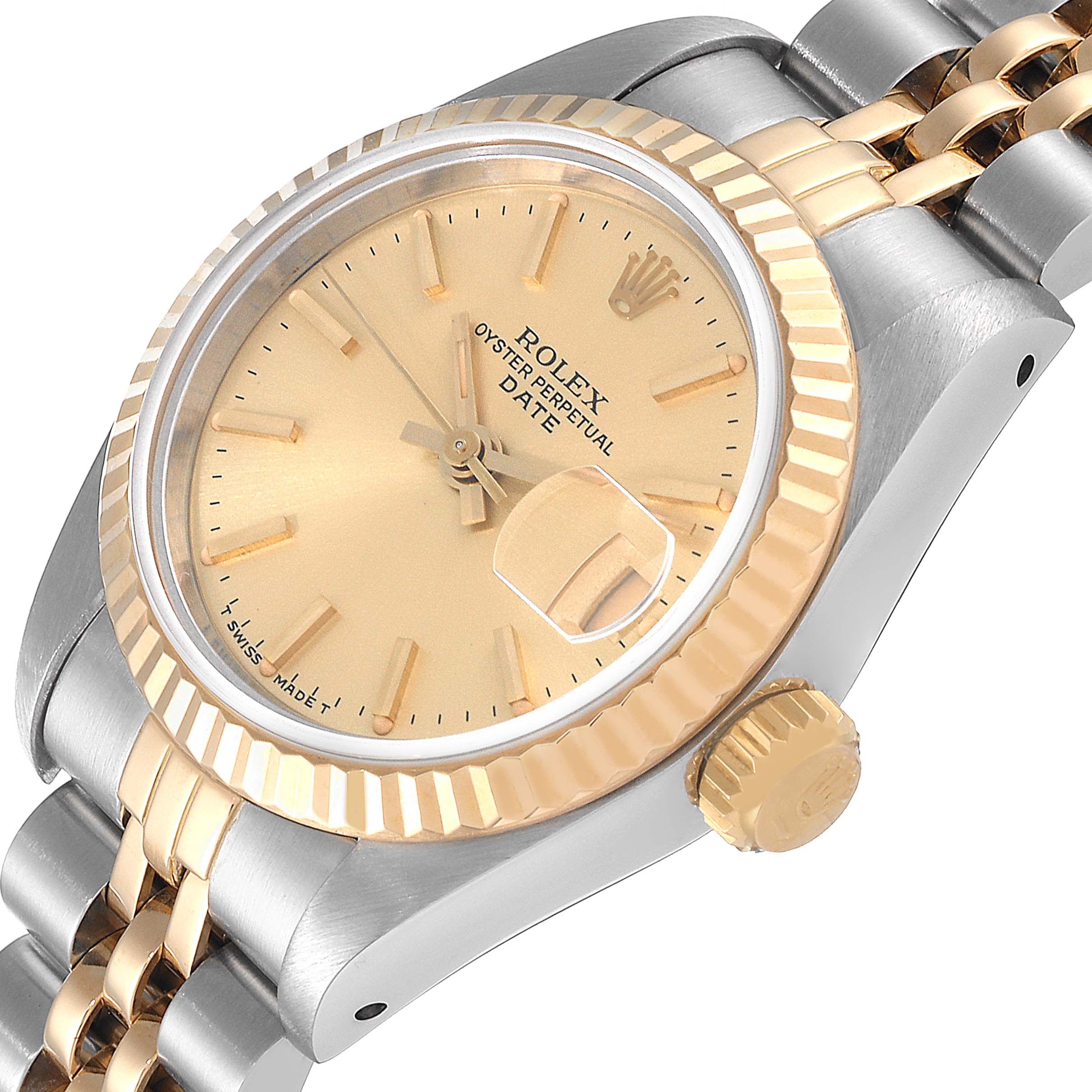 The image shows a Rolex Datejust 69173 Women's Steel and Gold (two tone) Champagne Dial 69173 Women's Steel and Gold (two tone) Champagne Dial watch at an angle highlighting its face, crown, and part of its two-tone bracelet.