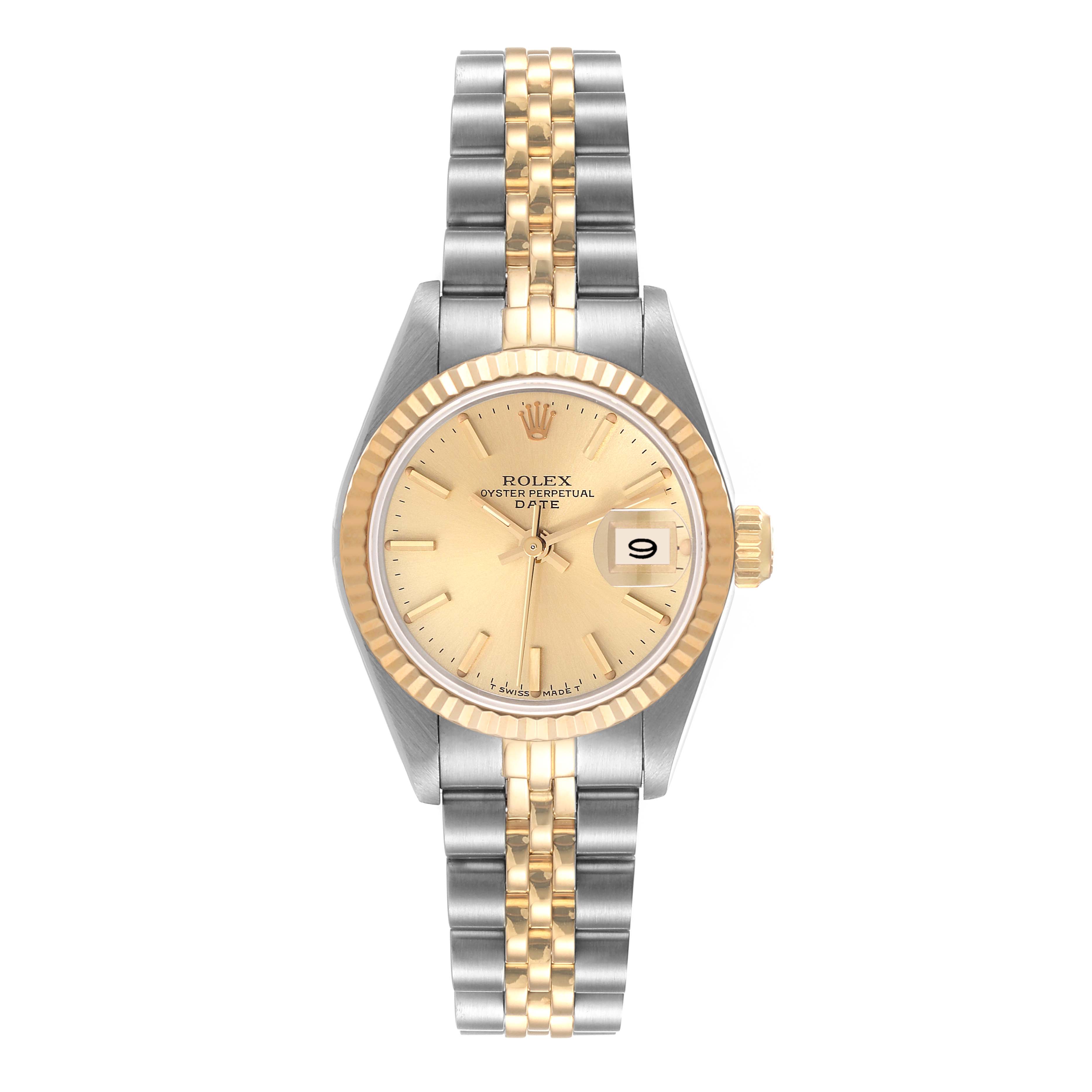 This image shows a Rolex Datejust 69173 Women's Steel and Gold (two tone) Champagne Dial 69173 Women's Steel and Gold (two tone) Champagne Dial watch from a front angle, featuring a two-tone bracelet and a gold-colored dial with a date window.