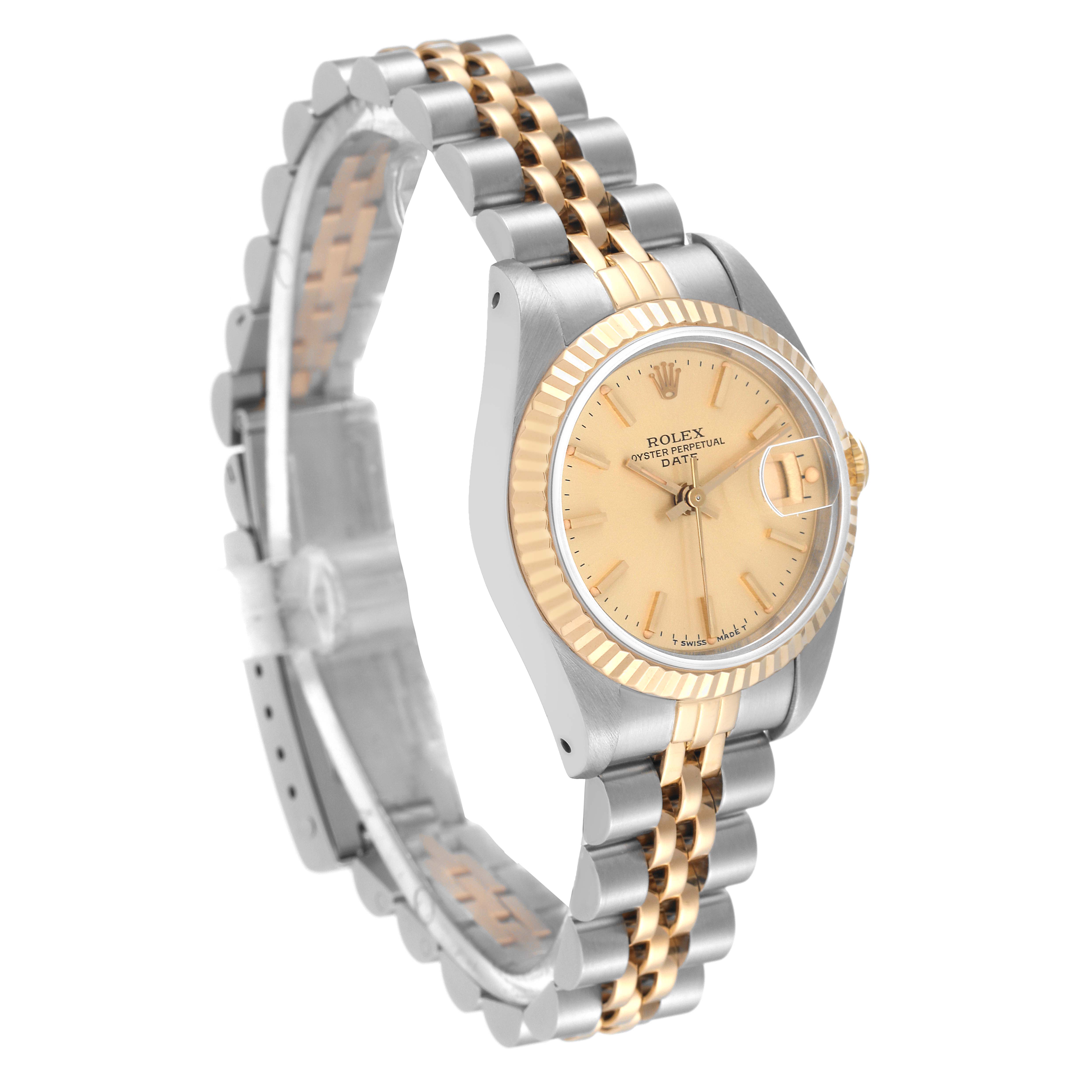 This image shows a Rolex Datejust 69173 Women's Steel and Gold (two tone) Champagne Dial 69173 Women's Steel and Gold (two tone) Champagne Dial watch from a front-side angle, highlighting its champagne dial and two-tone bracelet.