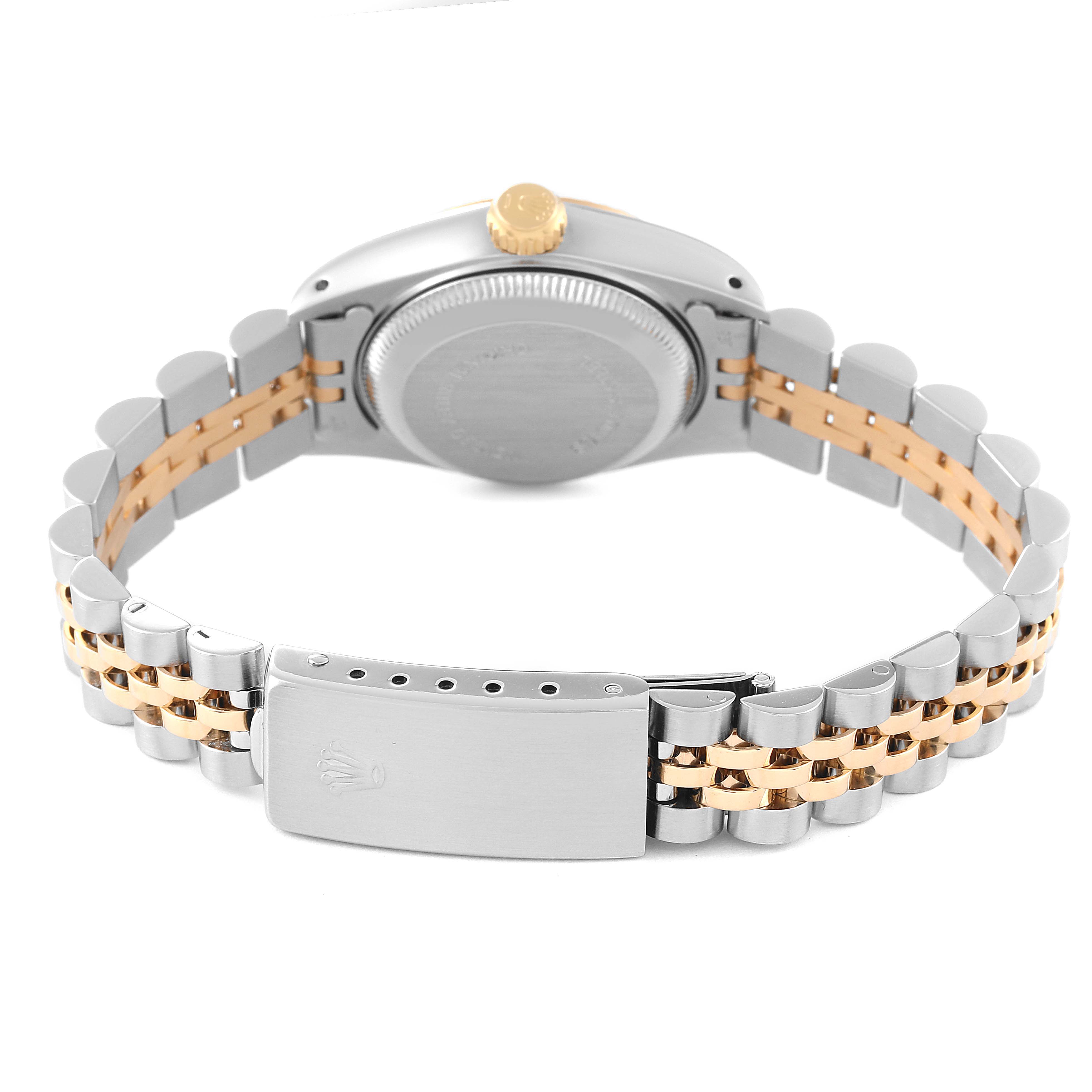 The image shows the backside and bracelet of a Rolex Datejust 69173 Women's Steel and Gold (two tone) Champagne Dial 69173 Women's Steel and Gold (two tone) Champagne Dial watch, highlighting the case, crown, and clasp.