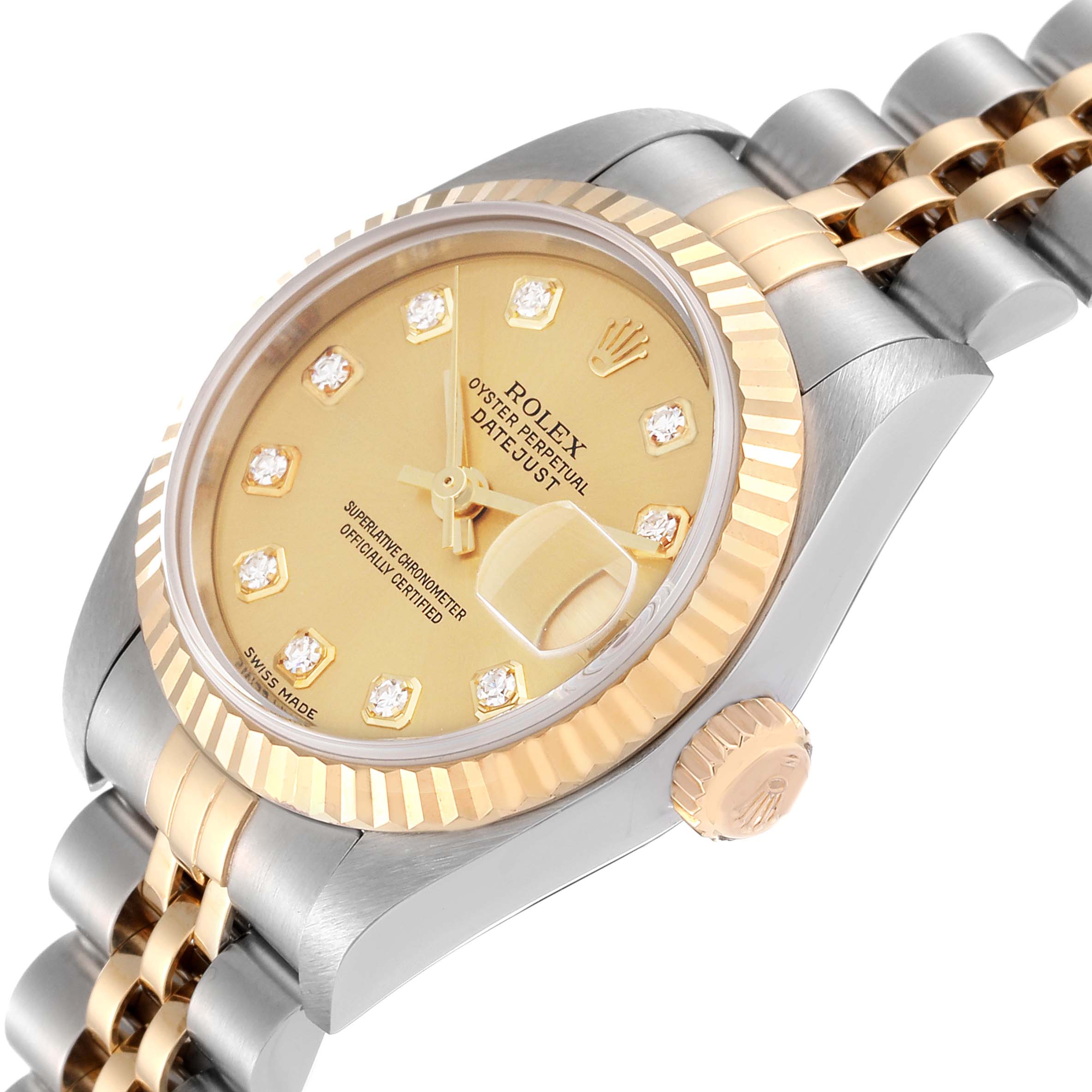The image shows a Rolex Datejust 79173 Women's Steel and Gold (two tone) Champagne Dial 79173 Women's Steel and Gold (two tone) Champagne Dial watch angled to display the dial, bezel, case, and partial bracelet with a gold and silver color scheme.