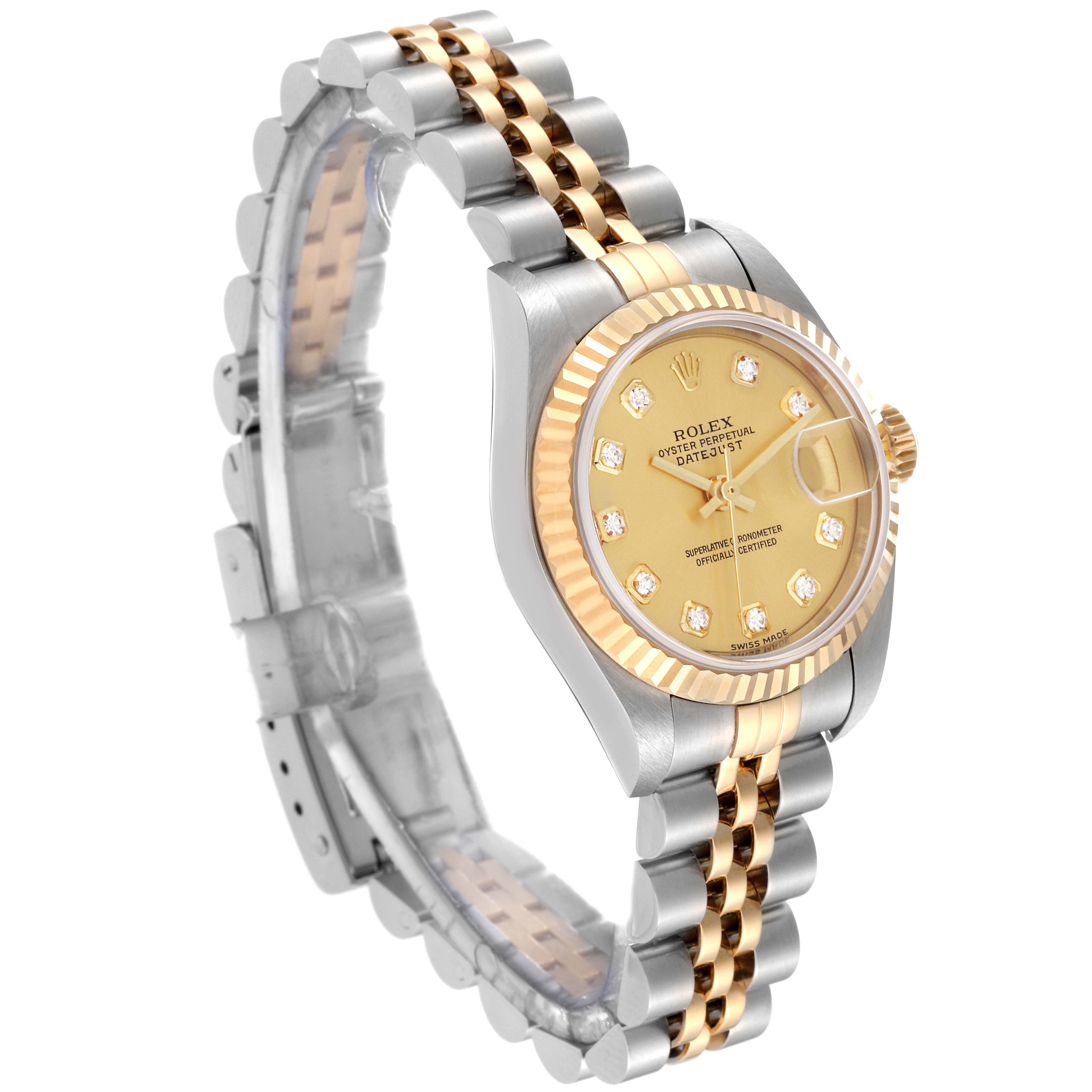 This image shows the Rolex Datejust 79173 Women's Steel and Gold (two tone) Champagne Dial 79173 Women's Steel and Gold (two tone) Champagne Dial watch at a three-quarter angle, highlighting its bimetal bracelet, bezel, and champagne dial.