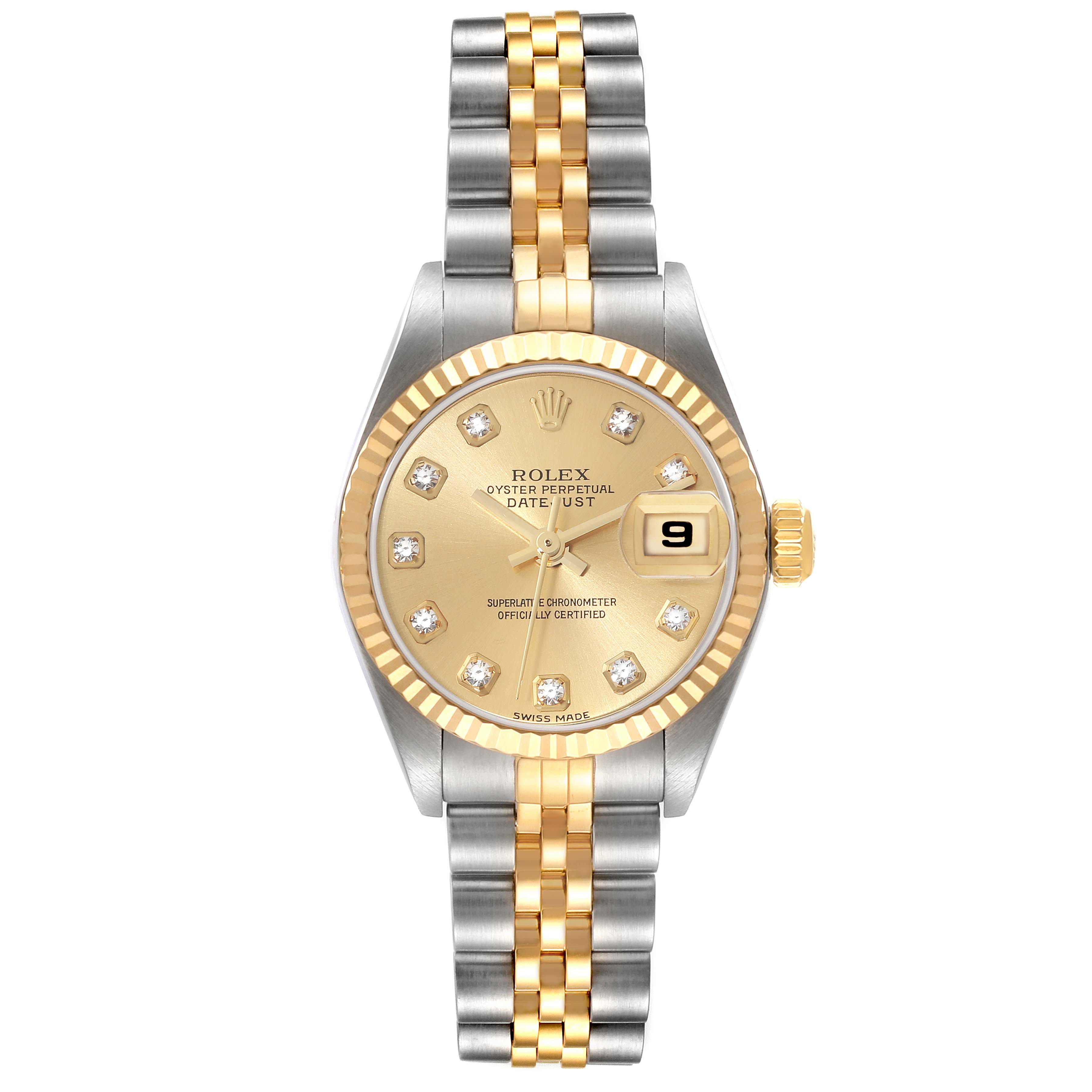 The Rolex Datejust 79173 Women's Steel and Gold (two tone) Champagne Dial 79173 Women's Steel and Gold (two tone) Champagne Dial watch is shown from a top-down angle, highlighting its gold dial, diamond markers, and two-tone bracelet.