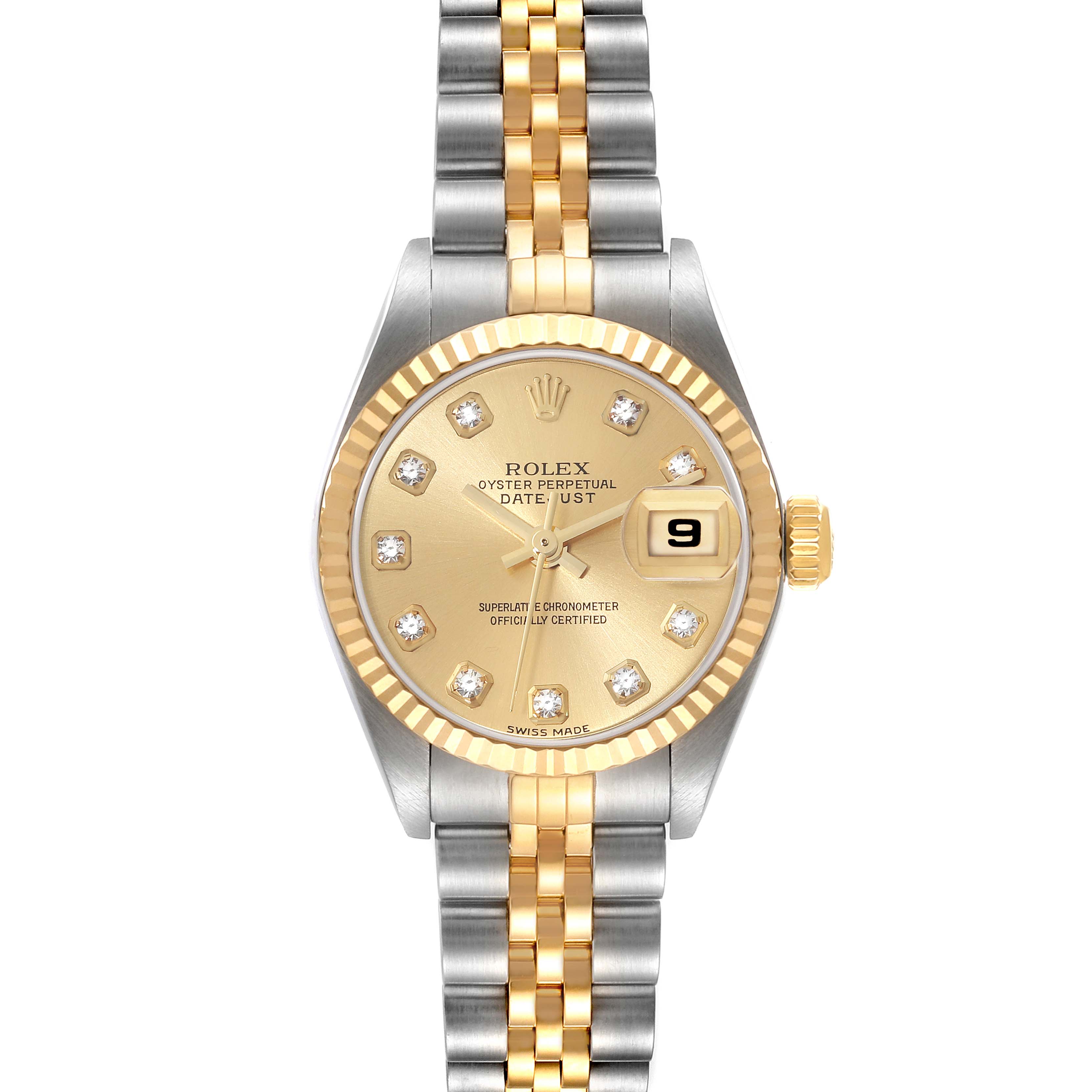 This image shows a front view of a Rolex Datejust 79173 Women's Steel and Gold (two tone) Champagne Dial 79173 Women's Steel and Gold (two tone) Champagne Dial watch featuring a two-tone bracelet and a champagne dial with diamond hour markers.