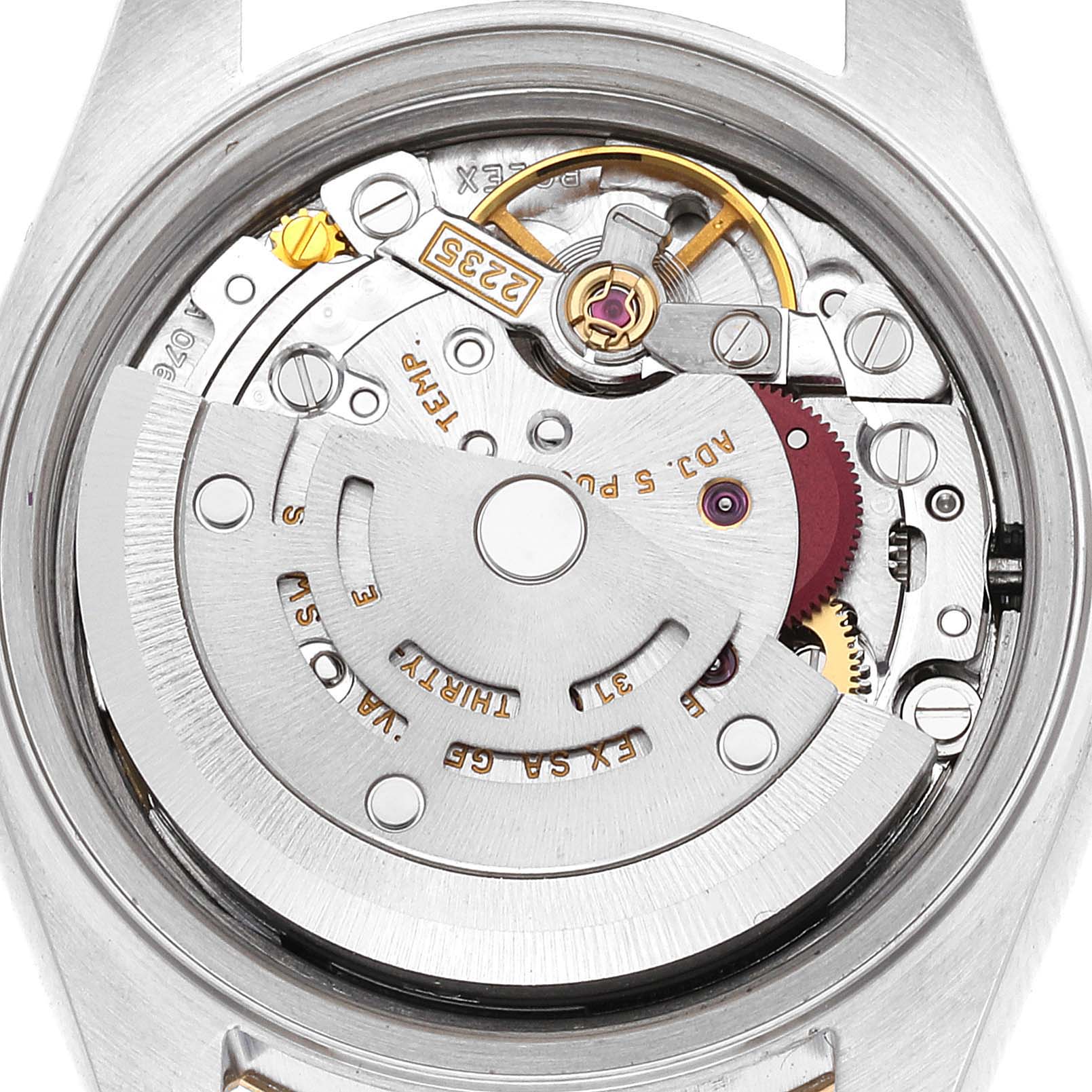 The image shows the back view of the internal mechanical movement of a Rolex Datejust 79173 Women's Steel and Gold (two tone) Champagne Dial 79173 Women's Steel and Gold (two tone) Champagne Dial watch.