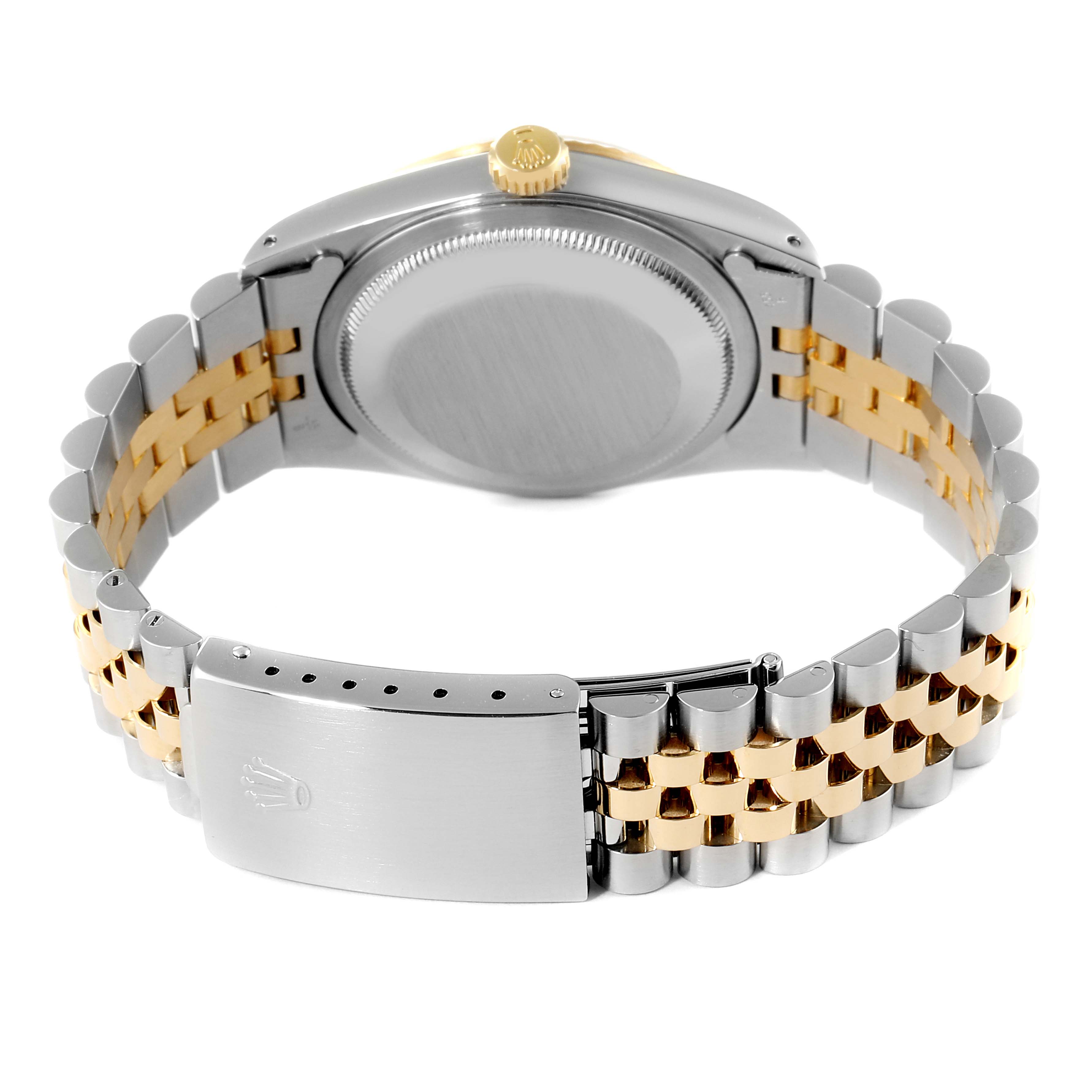 This image shows the back and bracelet of a Rolex Date 16233 Men's Steel and Gold (two tone) Champagne Dial 16233 Men's Steel and Gold (two tone) Champagne Dial model watch, highlighting the clasp and two-tone bracelet.