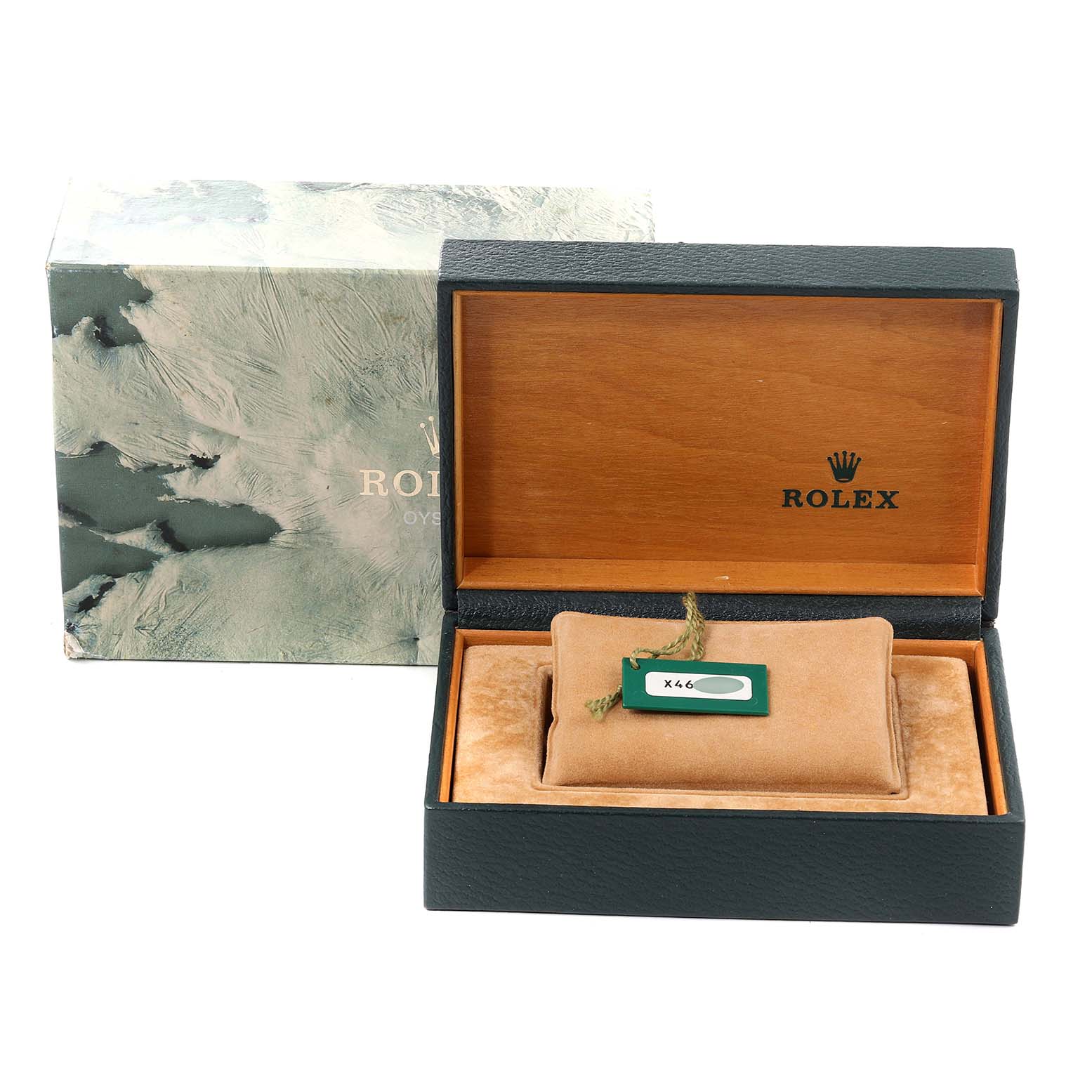 The image shows an open Rolex Date 16233 Men's Steel and Gold (two tone) Champagne Dial 16233 Men's Steel and Gold (two tone) Champagne Dial model watch box with a green and white tag, and the outer box placed next to it.