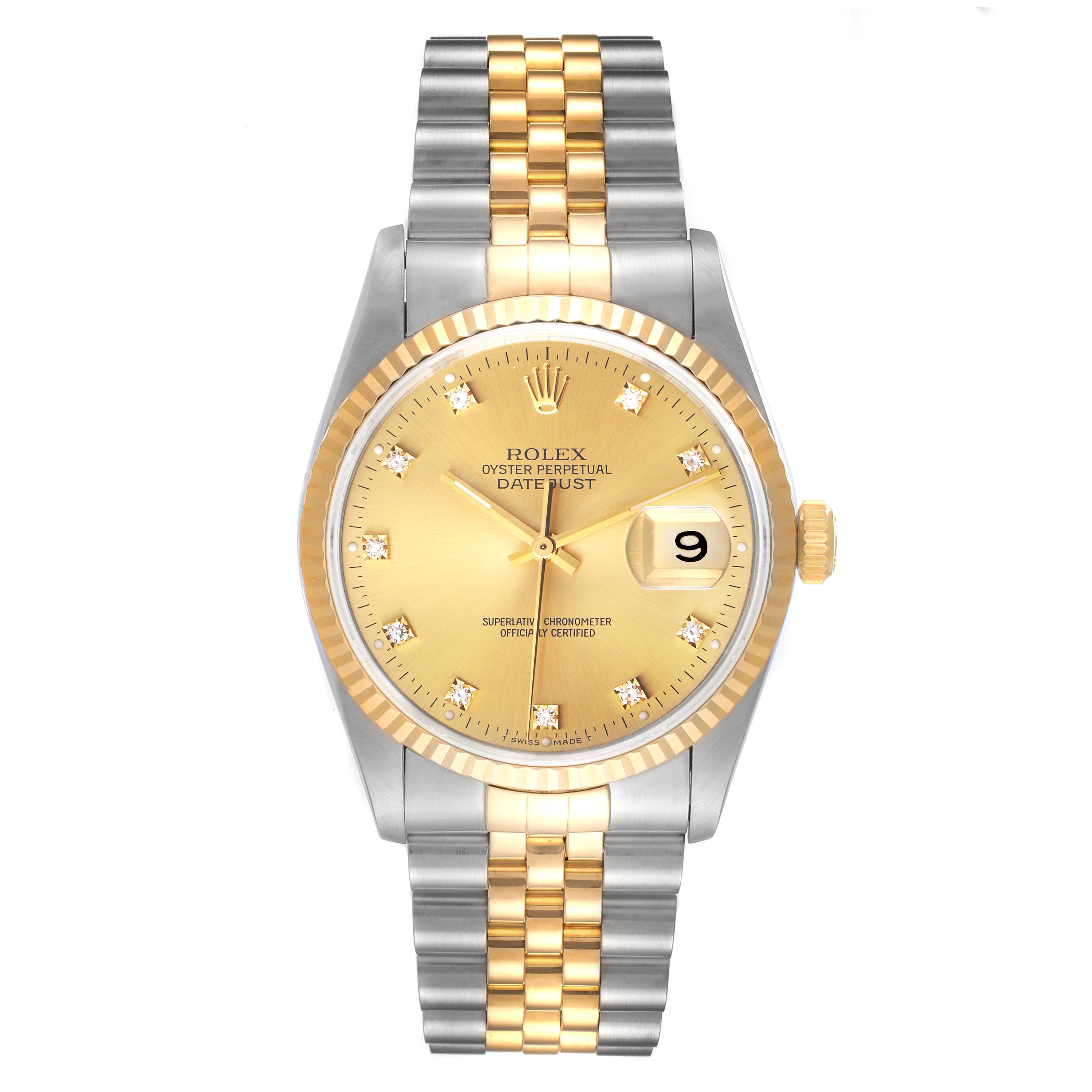 The image shows a front angle of a Rolex Date 16233 Men's Steel and Gold (two tone) Champagne Dial 16233 Men's Steel and Gold (two tone) Champagne Dialjust watch with a gold dial, fluted bezel, and two-tone bracelet.