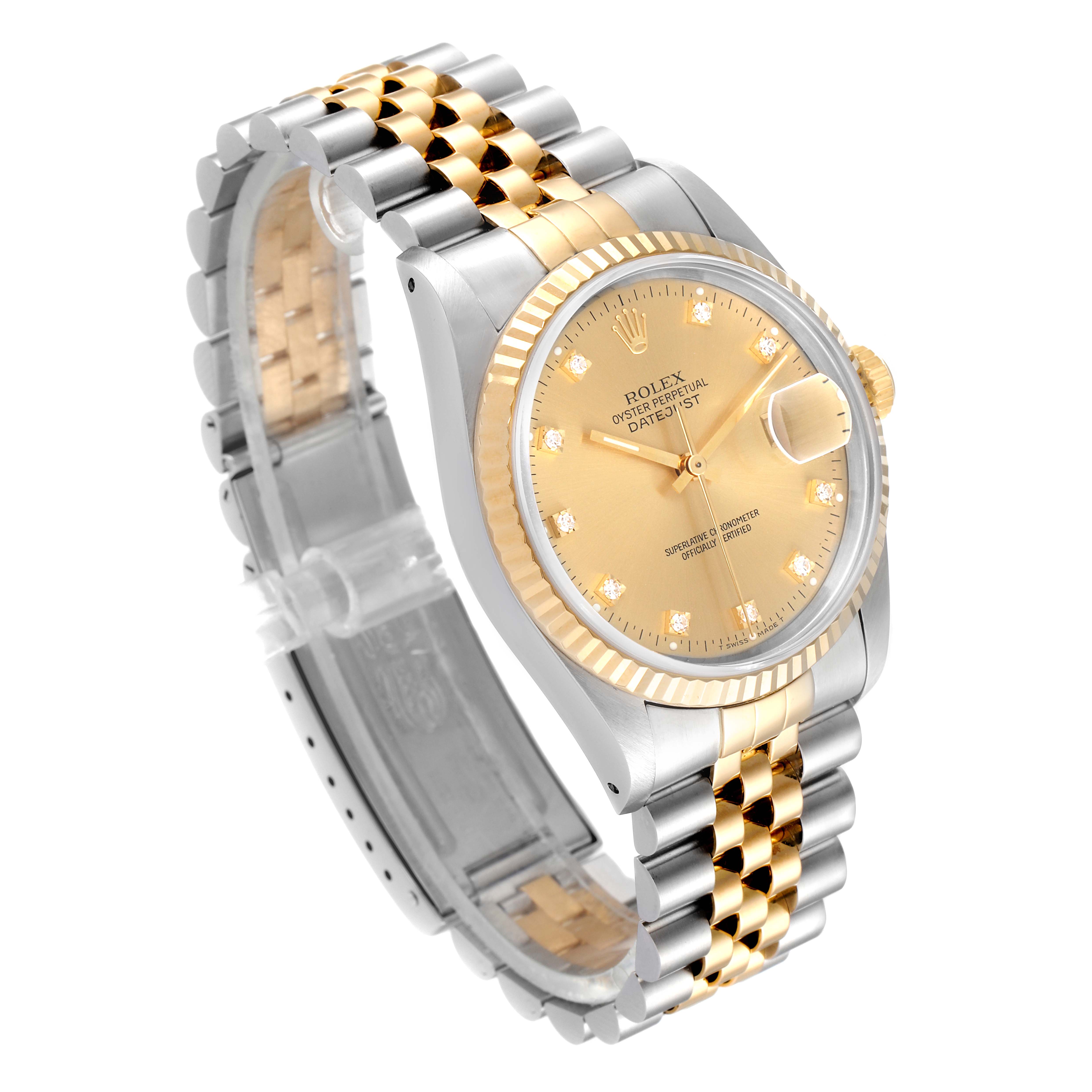 The image displays a Rolex Oyster Perpetual Date with a gold dial, showcasing the bracelet, bezel, crown, and side profile at an angle.