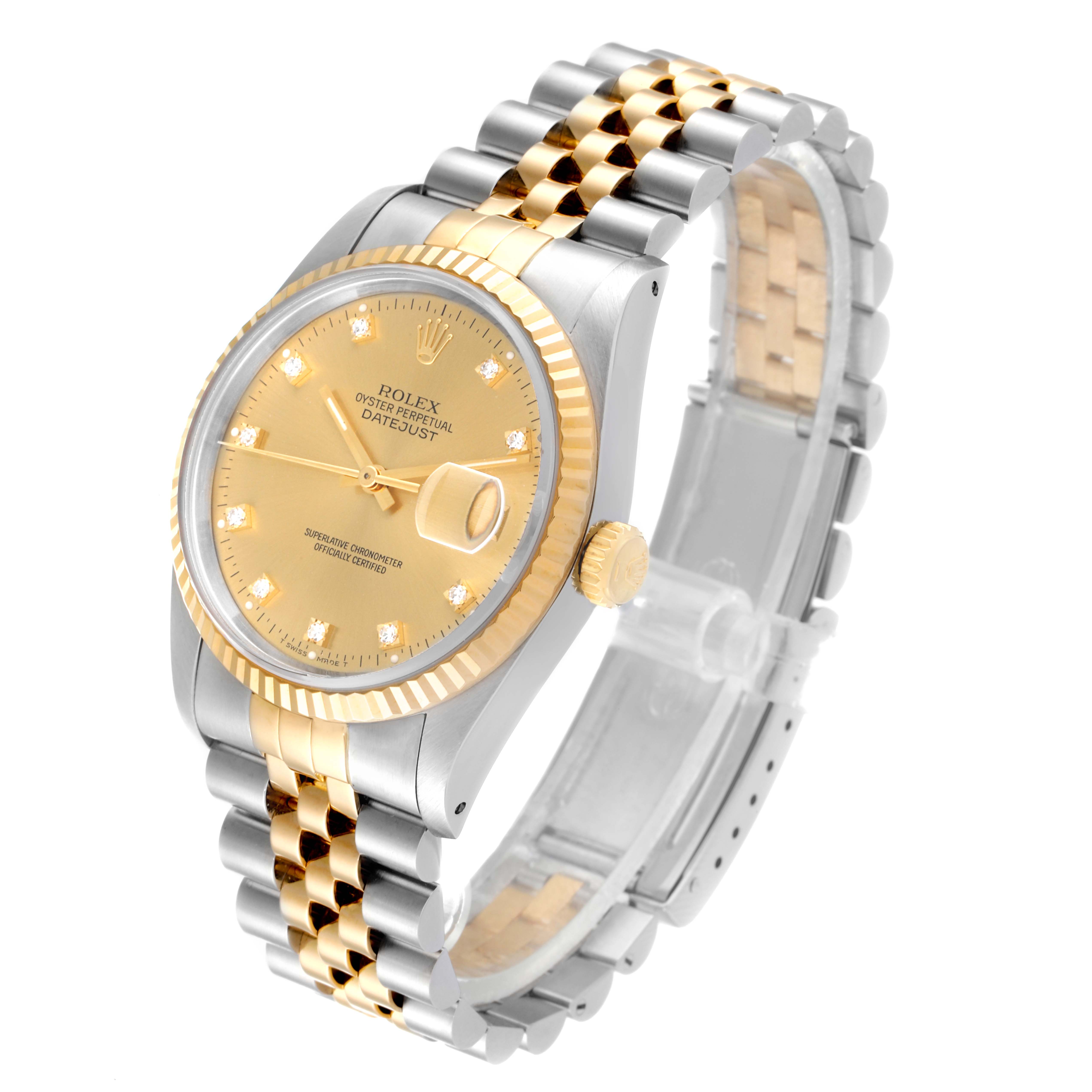 The Rolex Oyster Perpetual Datejust watch is shown at an angle highlighting the face, bracelet, and crown.