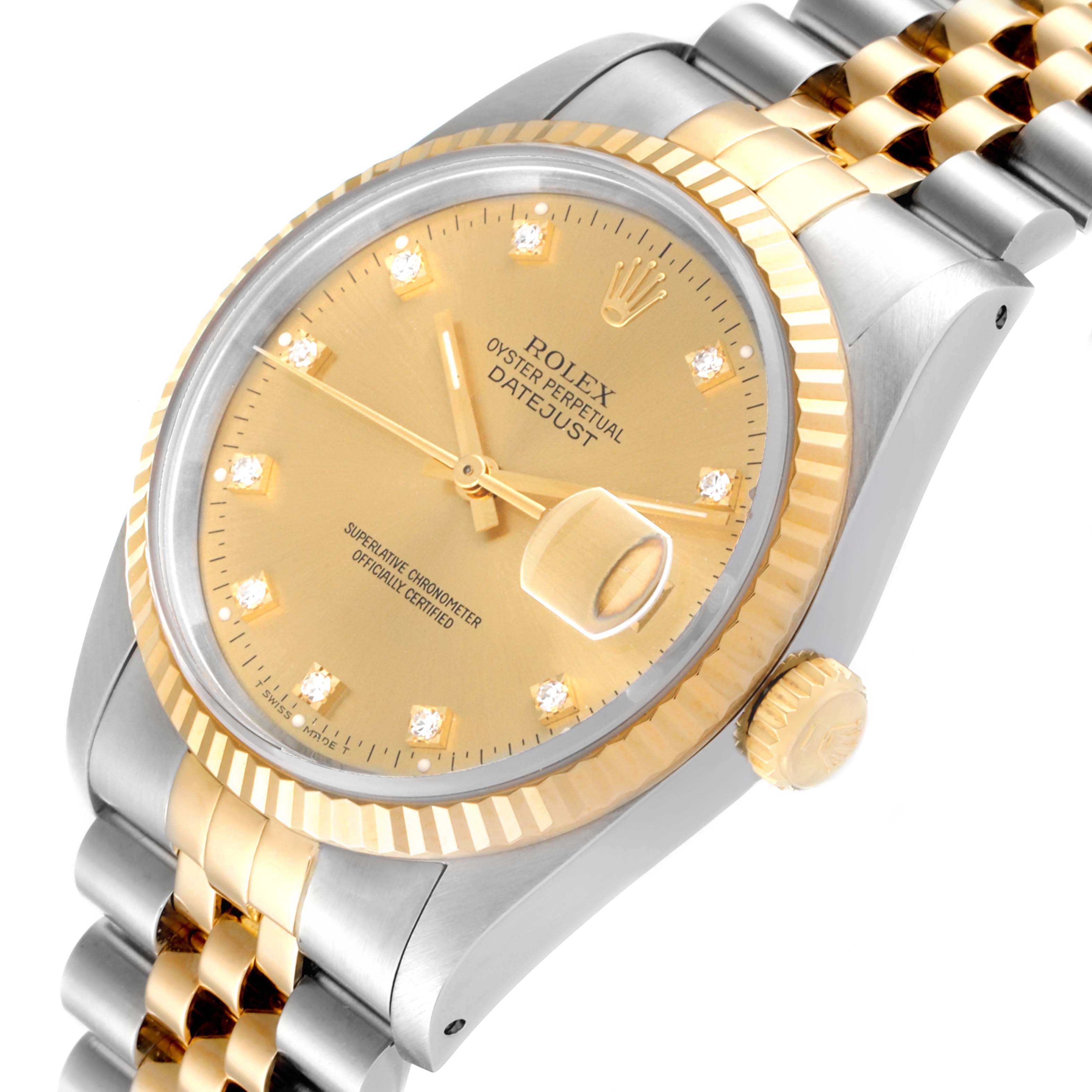 The image shows a Rolex Date 16233 Men's Steel and Gold (two tone) Champagne Dial 16233 Men's Steel and Gold (two tone) Champagne Dialjust watch at an angled view, highlighting the dial, bezel, crown, and part of the bracelet.