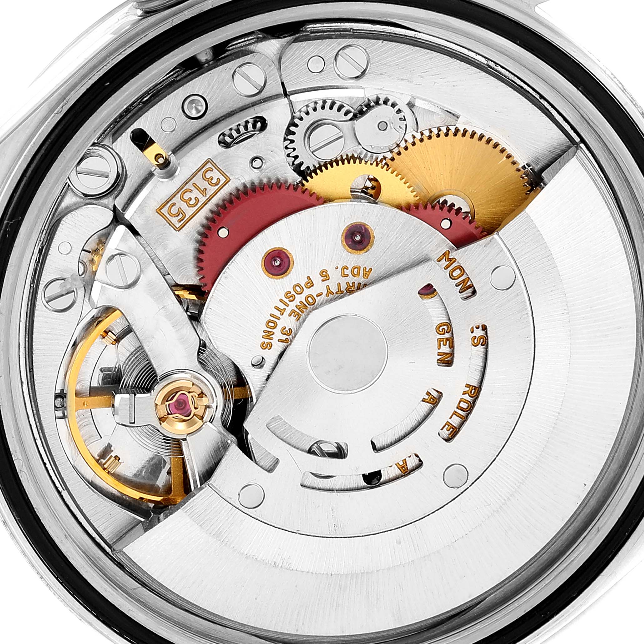 This image shows the Rolex Date 16233 Men's Steel and Gold (two tone) Champagne Dial 16233 Men's Steel and Gold (two tone) Champagne Dial model's watch movement from a top-down angle, highlighting the gears and mechanism.