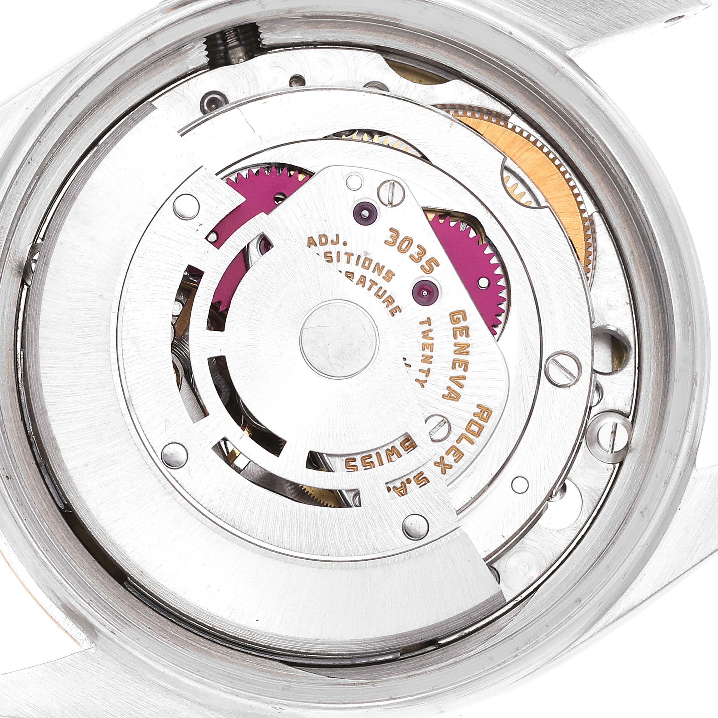 This image shows a close-up angled view of the movement components inside a Rolex Datejust 16013 Men's Steel and Gold (two tone) Champagne Dial 16013 Men's Steel and Gold (two tone) Champagne Dial watch.