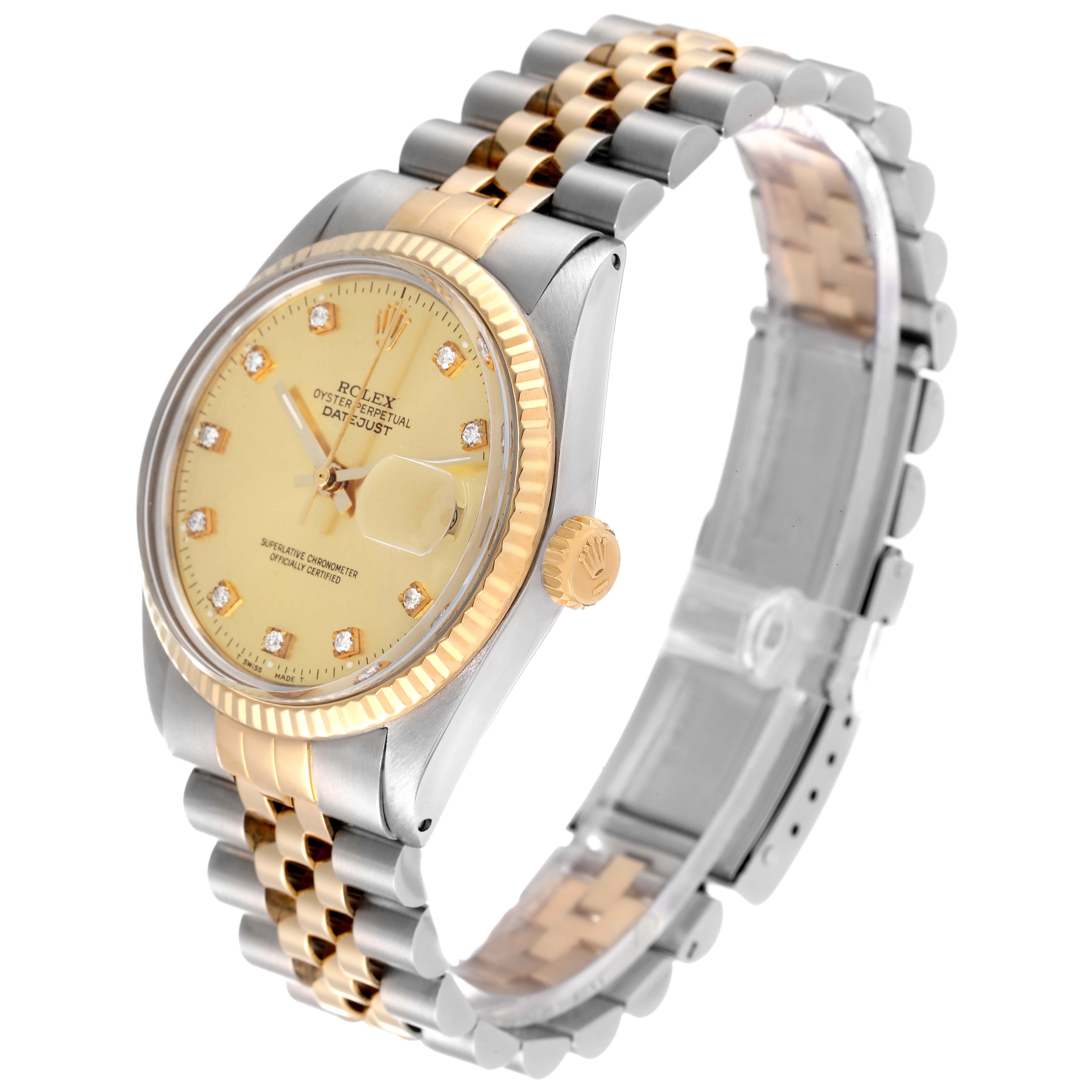 The image shows a Rolex Datejust 16013 Men's Steel and Gold (two tone) Champagne Dial 16013 Men's Steel and Gold (two tone) Champagne Dial watch from an angled side view, highlighting the dial, crown, and two-tone bracelet.