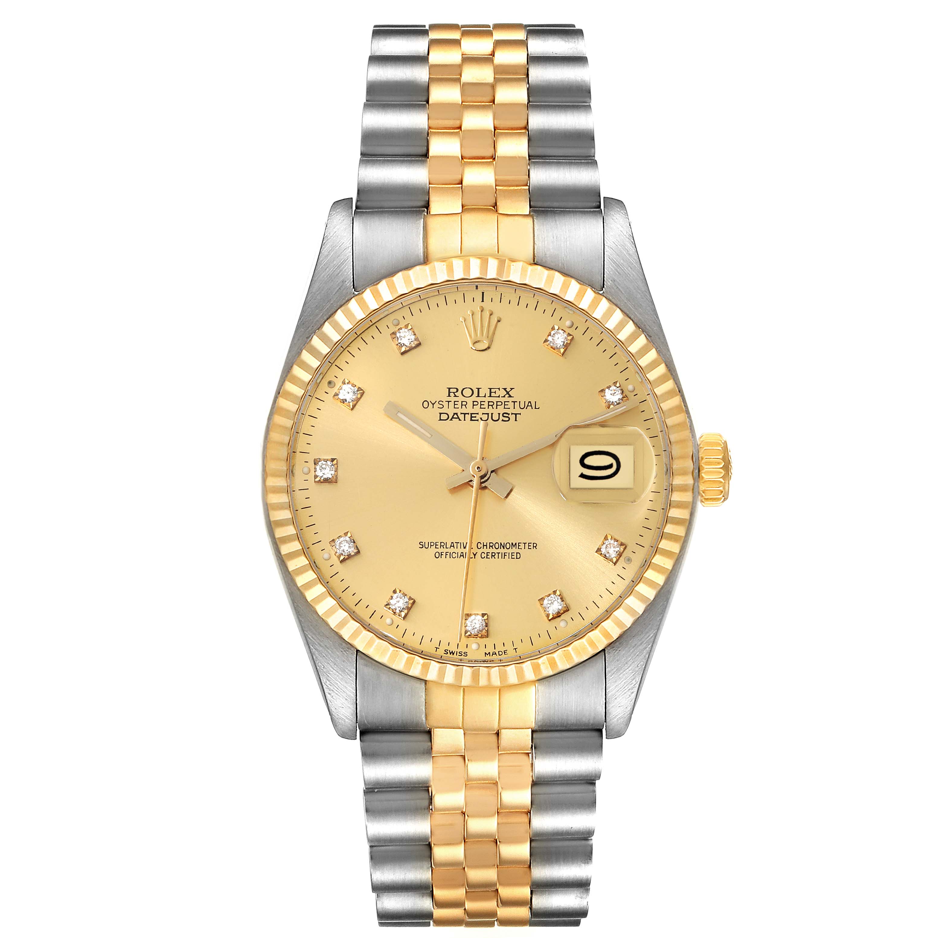 The Rolex Datejust 16013 Men's Steel and Gold (two tone) Champagne Dial 16013 Men's Steel and Gold (two tone) Champagne Dial watch is shown from a front angle, displaying its two-tone band, gold dial, date window, and diamond hour markers.