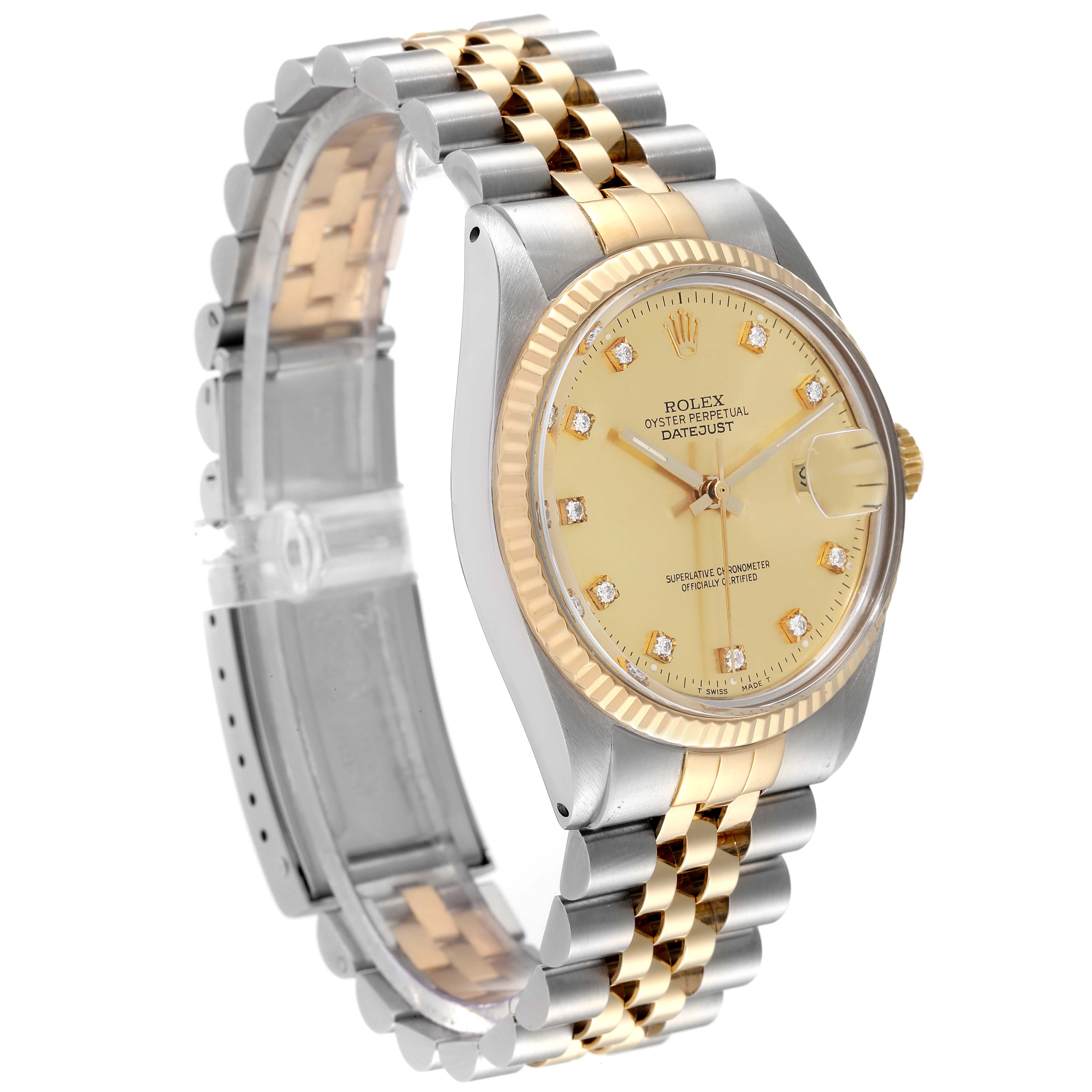 The Rolex Datejust 16013 Men's Steel and Gold (two tone) Champagne Dial 16013 Men's Steel and Gold (two tone) Champagne Dial watch is shown in a three-quarter angle, displaying its face, bezel, and two-tone bracelet.