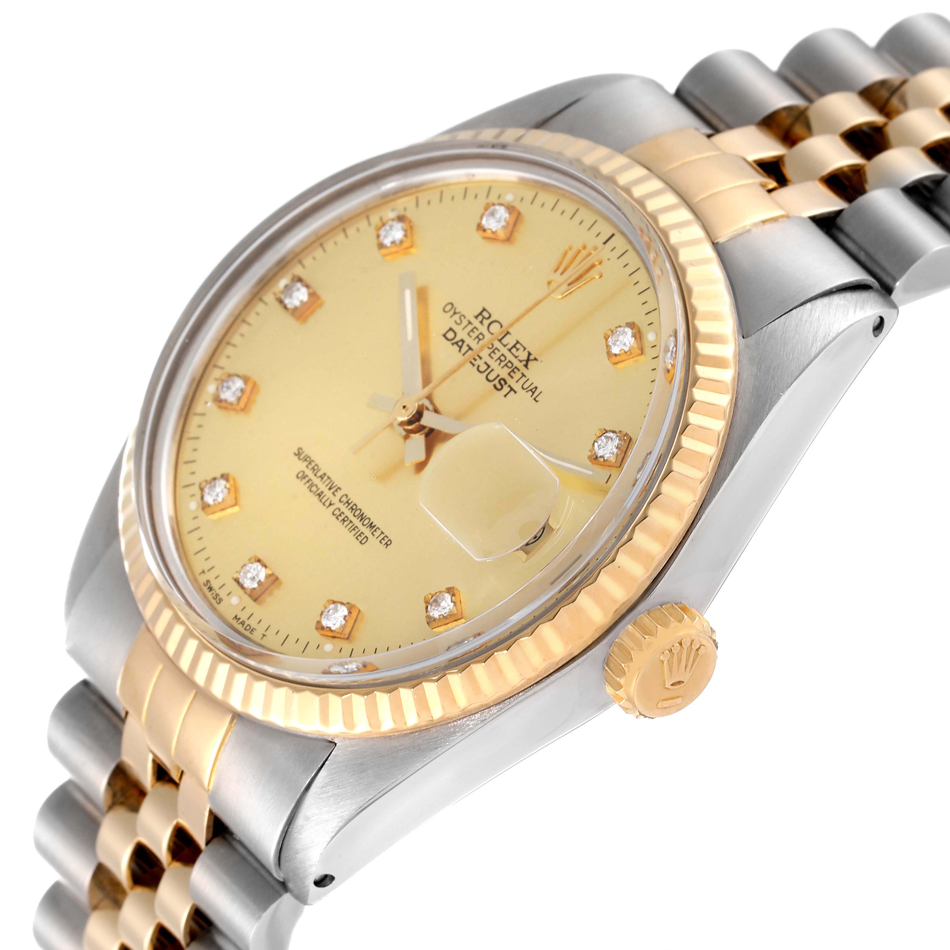 This Rolex Datejust 16013 Men's Steel and Gold (two tone) Champagne Dial 16013 Men's Steel and Gold (two tone) Champagne Dial watch is shown from a slightly angled top-down view, displaying the dial, bezel, and part of the bracelet.