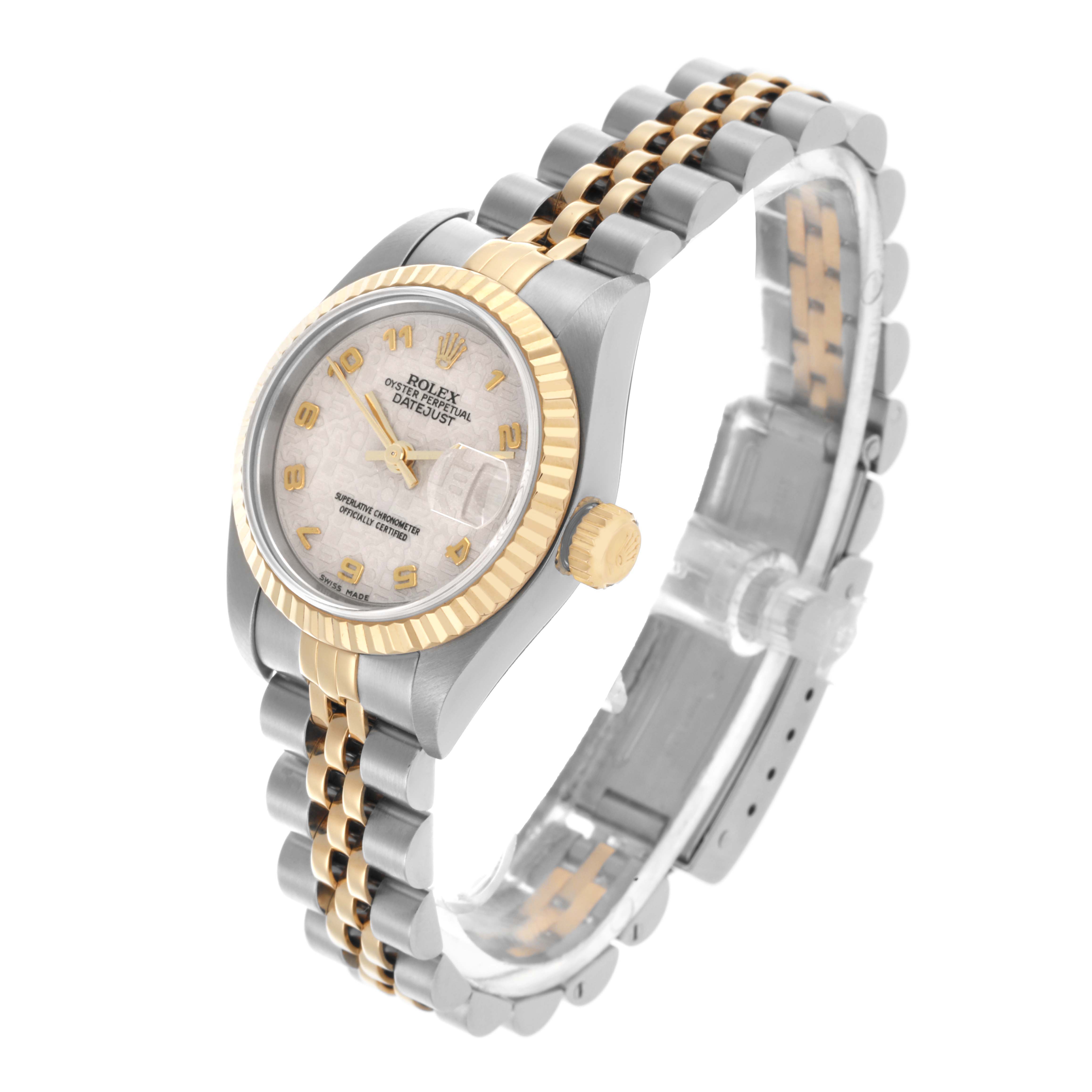 The Rolex Datejust 79173 Women's Steel and Gold (two tone) White Dial 79173 Women's Steel and Gold (two tone) White Dial watch is shown at an angled side view, displaying the bezel, crown, dial, and two-tone Jubilee bracelet.