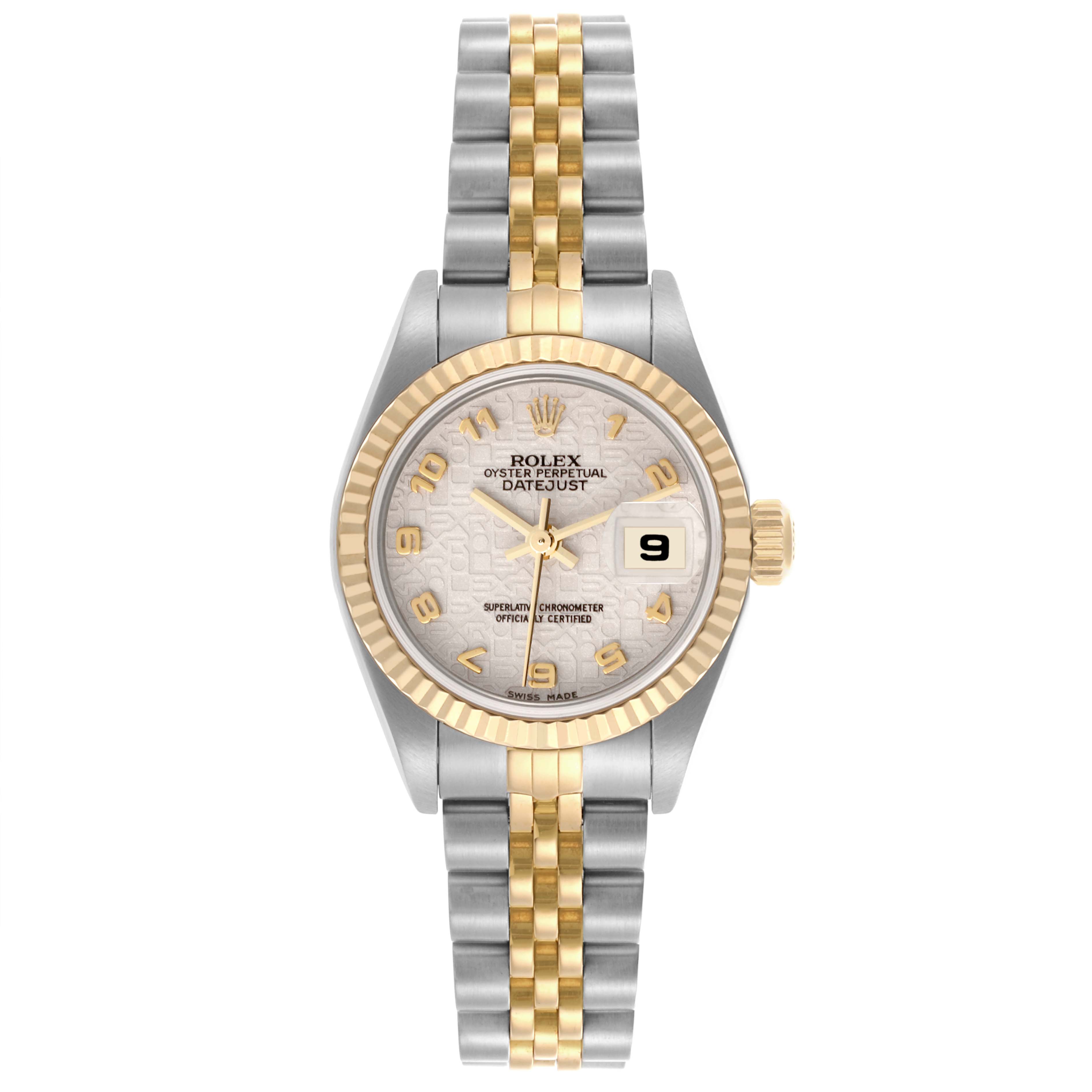 The Rolex Datejust 79173 Women's Steel and Gold (two tone) White Dial 79173 Women's Steel and Gold (two tone) White Dial watch is shown from a top-down angle, highlighting the dial, bezel, and two-tone bracelet.