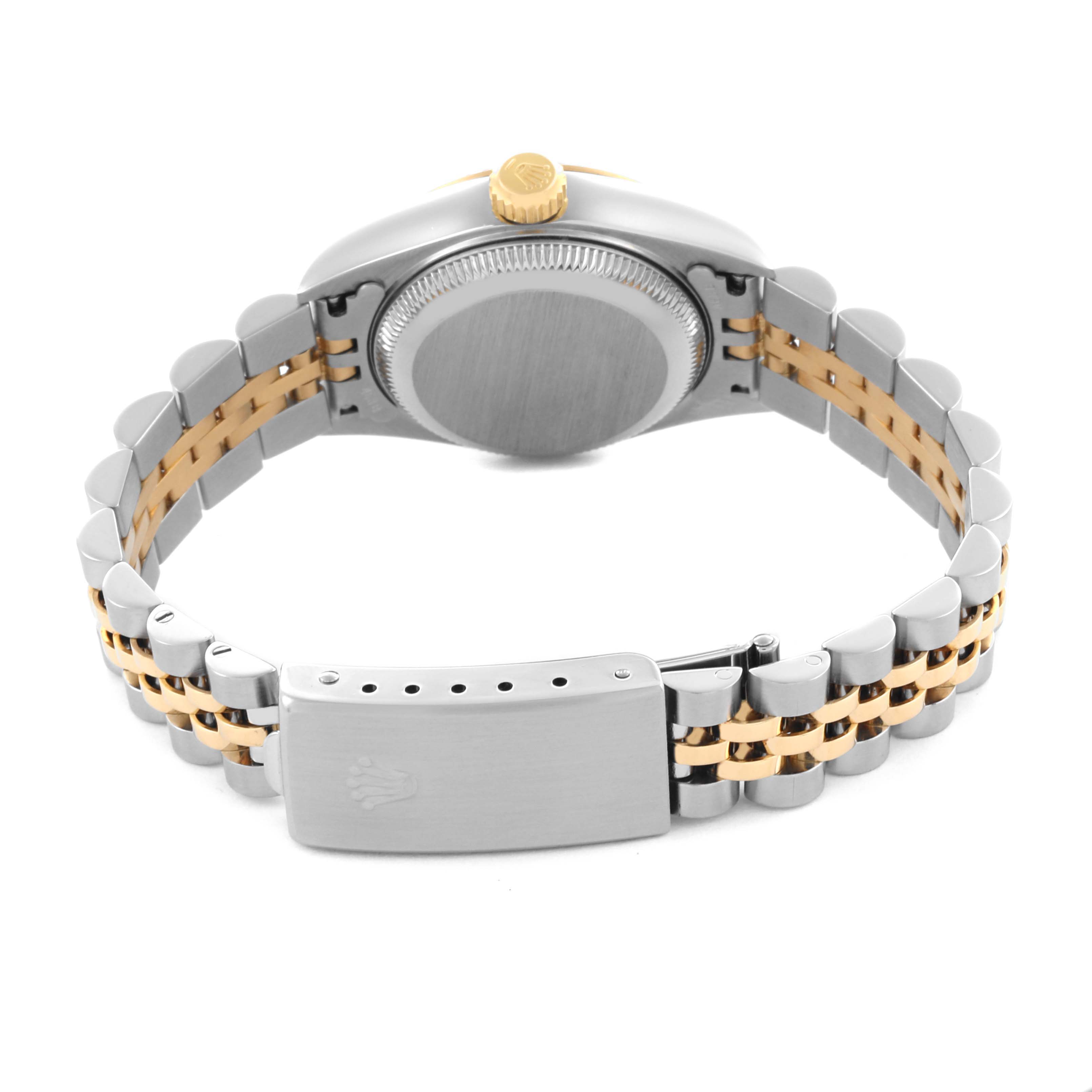 The image shows the back and side of a Rolex Datejust 79173 Women's Steel and Gold (two tone) White Dial 79173 Women's Steel and Gold (two tone) White Dial watch, highlighting the bracelet, clasp, and case back.