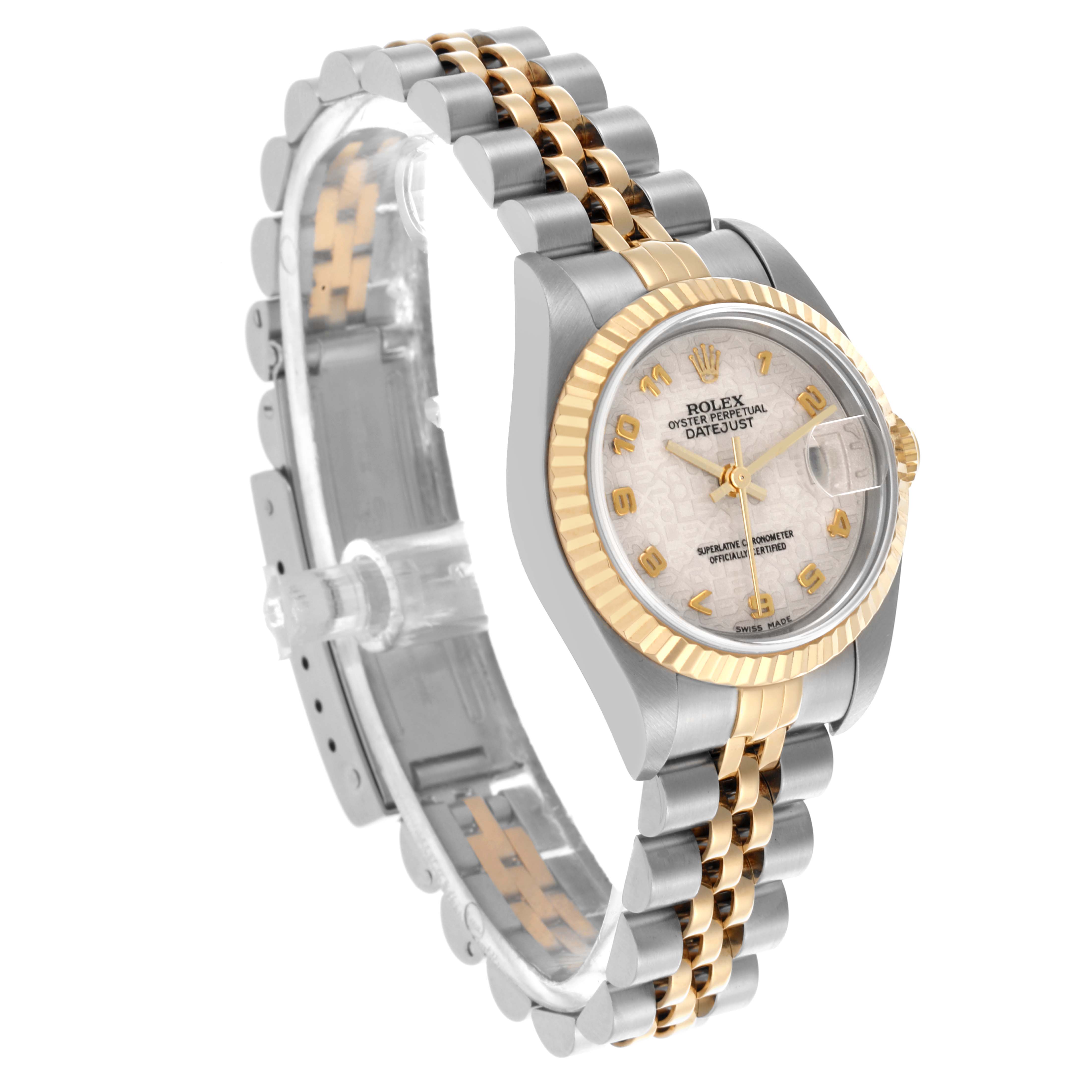 The Rolex Datejust 79173 Women's Steel and Gold (two tone) White Dial 79173 Women's Steel and Gold (two tone) White Dial watch is shown at a slight angle highlighting the dial, fluted bezel, and two-tone bracelet.