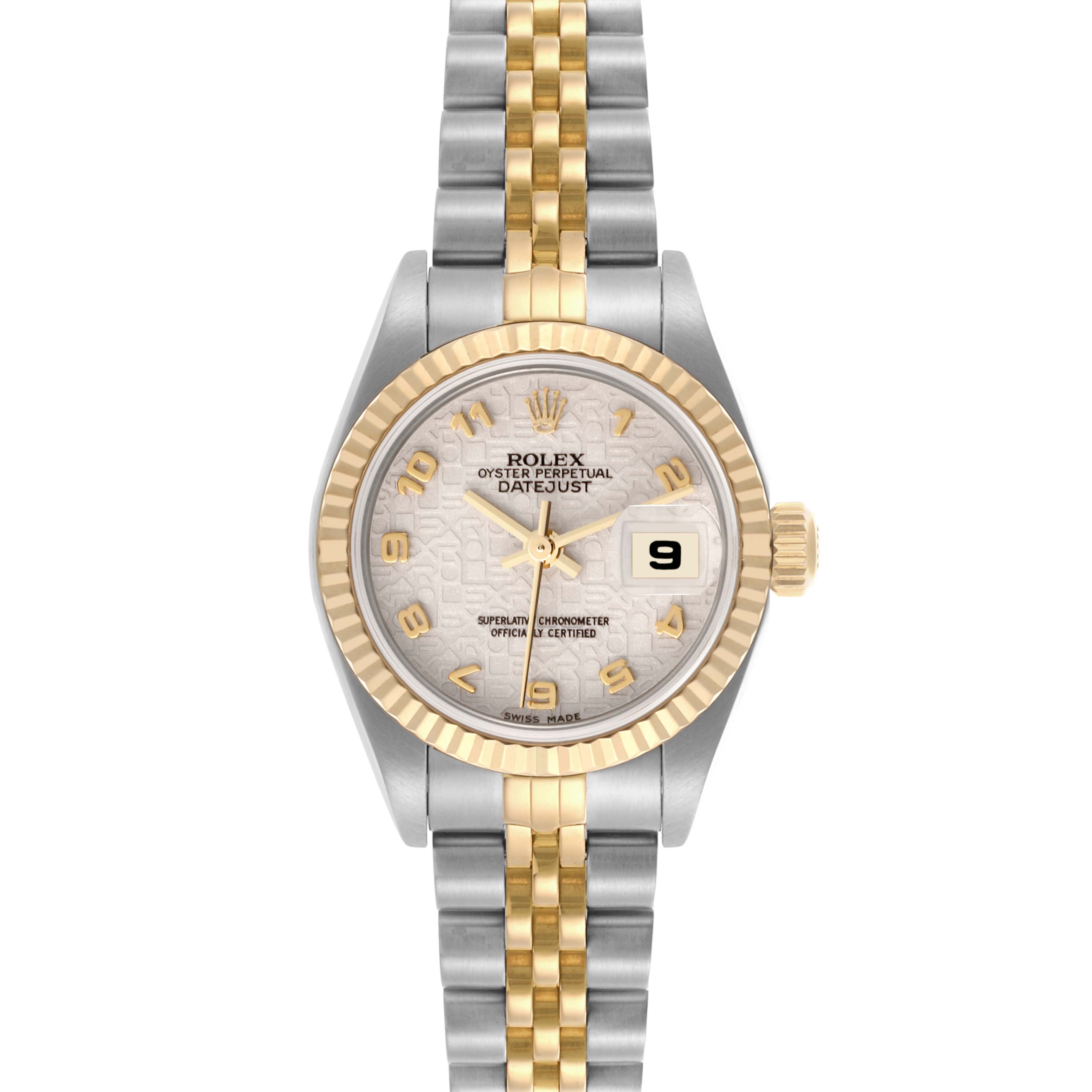 The Rolex Datejust 79173 Women's Steel and Gold (two tone) White Dial 79173 Women's Steel and Gold (two tone) White Dial watch is shown from a front angle, displaying the dial, bezel, and bracelet.