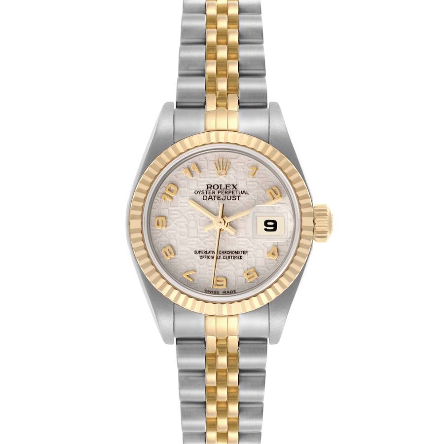 The Rolex Datejust watch is shown from a front angle, displaying the dial, bezel, and bracelet.