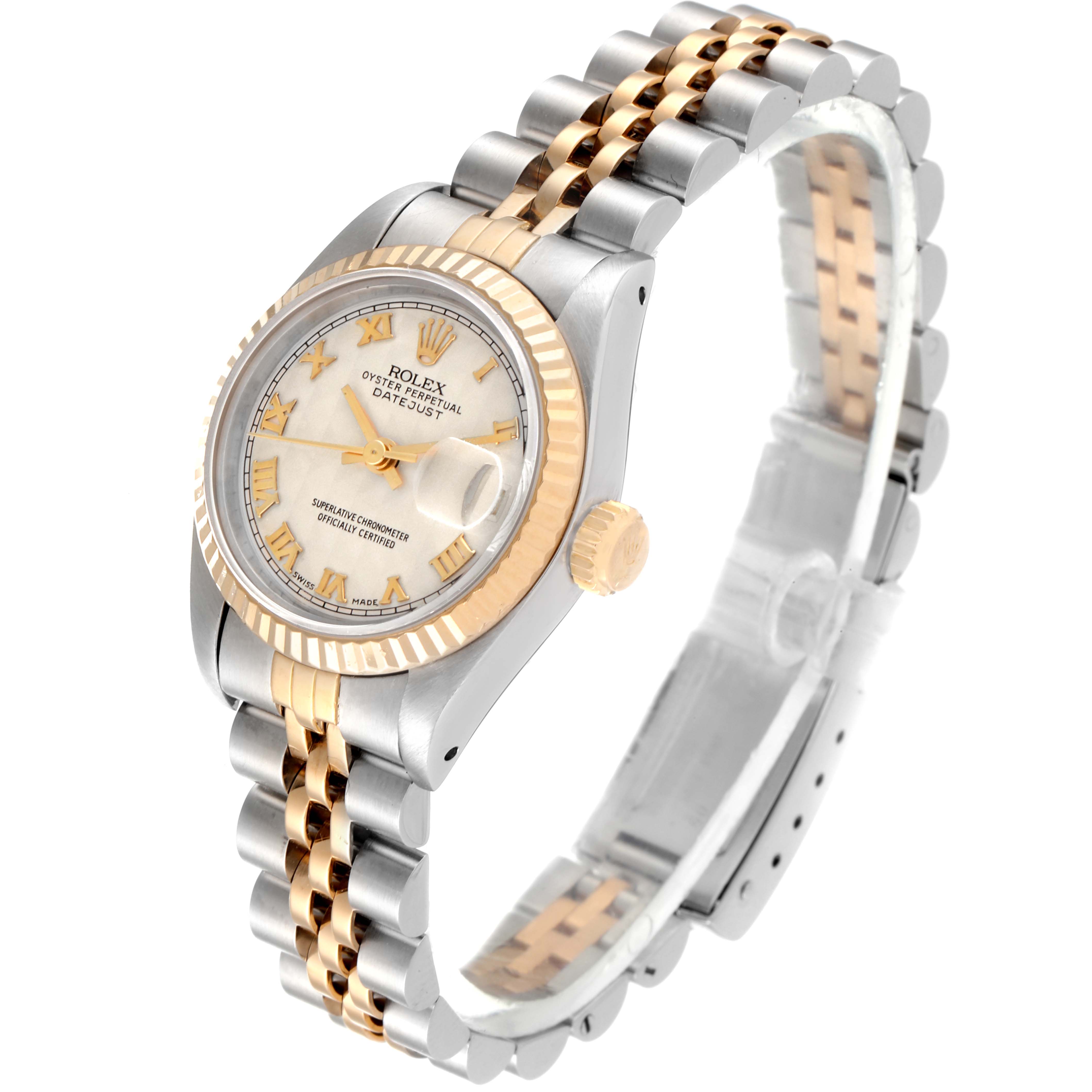 The image shows a side-angle view of the Rolex Datejust 69173 Women's Steel and Gold (two tone) Beige Dial 69173 Women's Steel and Gold (two tone) Beige Dial watch, highlighting its dual-tone bracelet and fluted bezel.